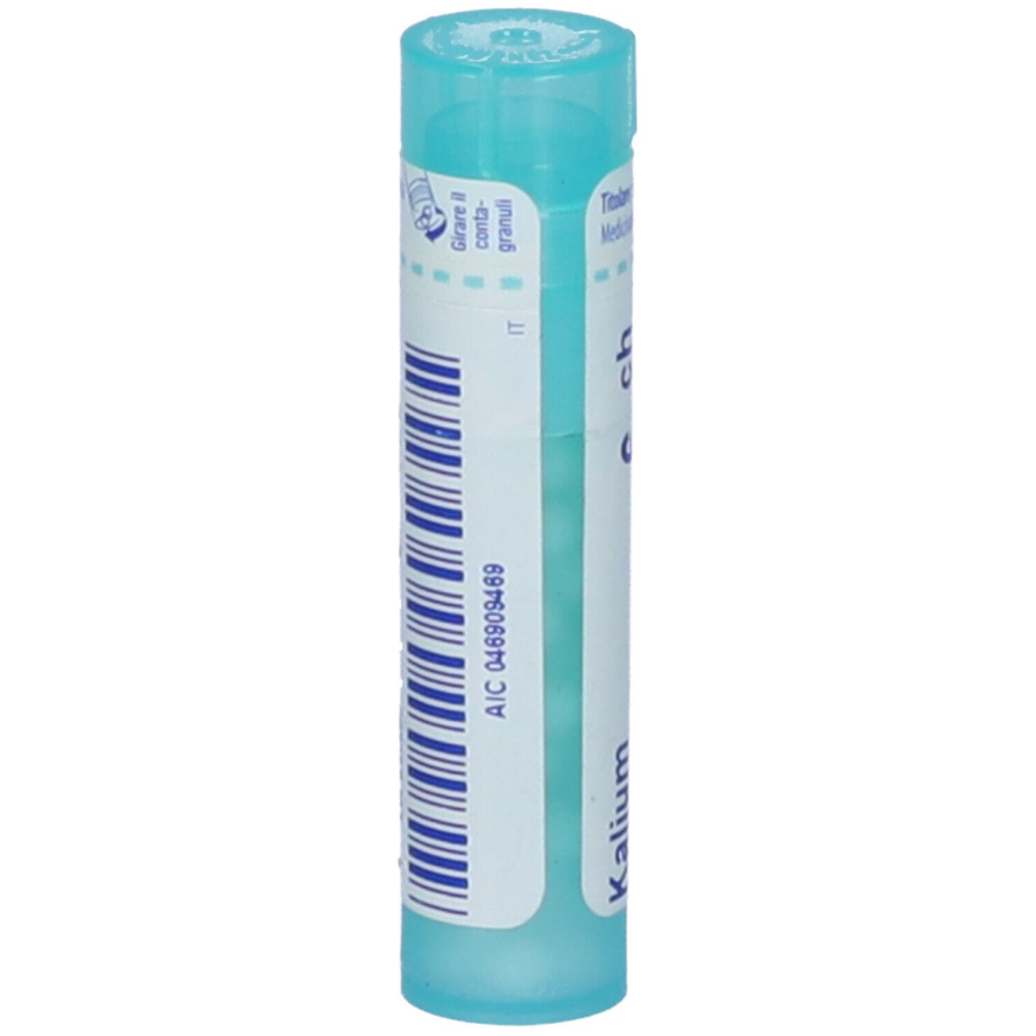 Confezione cilindrica azzurra. Scritta: Kalium carbonicum 6 ch. Logo BOIRON. Granuli.