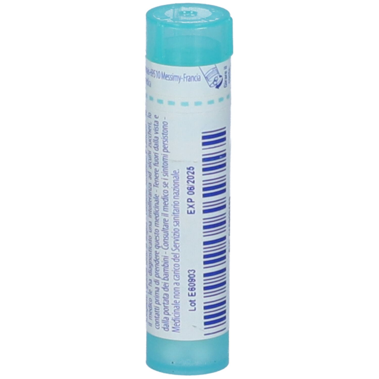 Confezione cilindrica azzurra. Scritta: Kalium carbonicum 6 ch. Logo BOIRON. Scadenza.