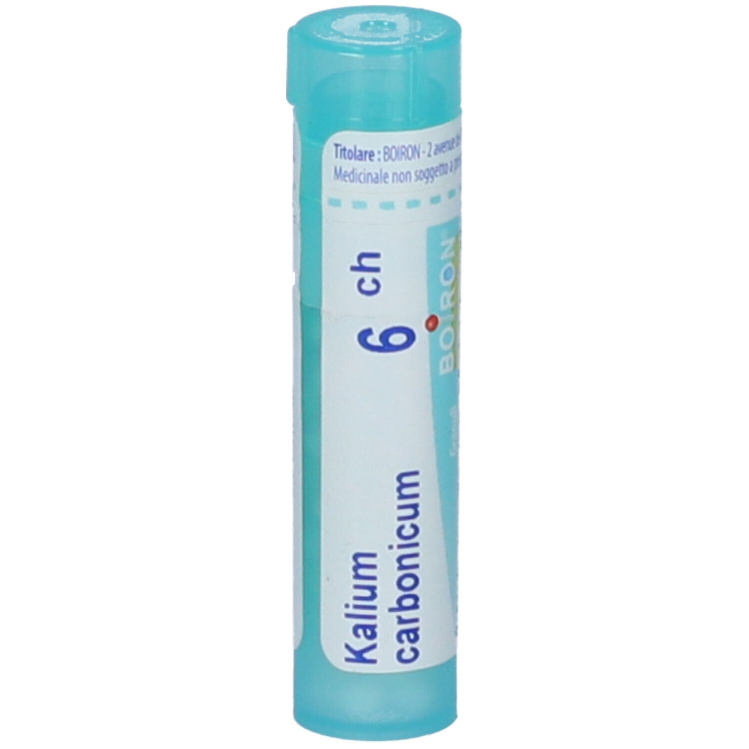 Confezione cilindrica azzurra. Scritta: Kalium carbonicum 6 ch. Logo BOIRON. Granuli.