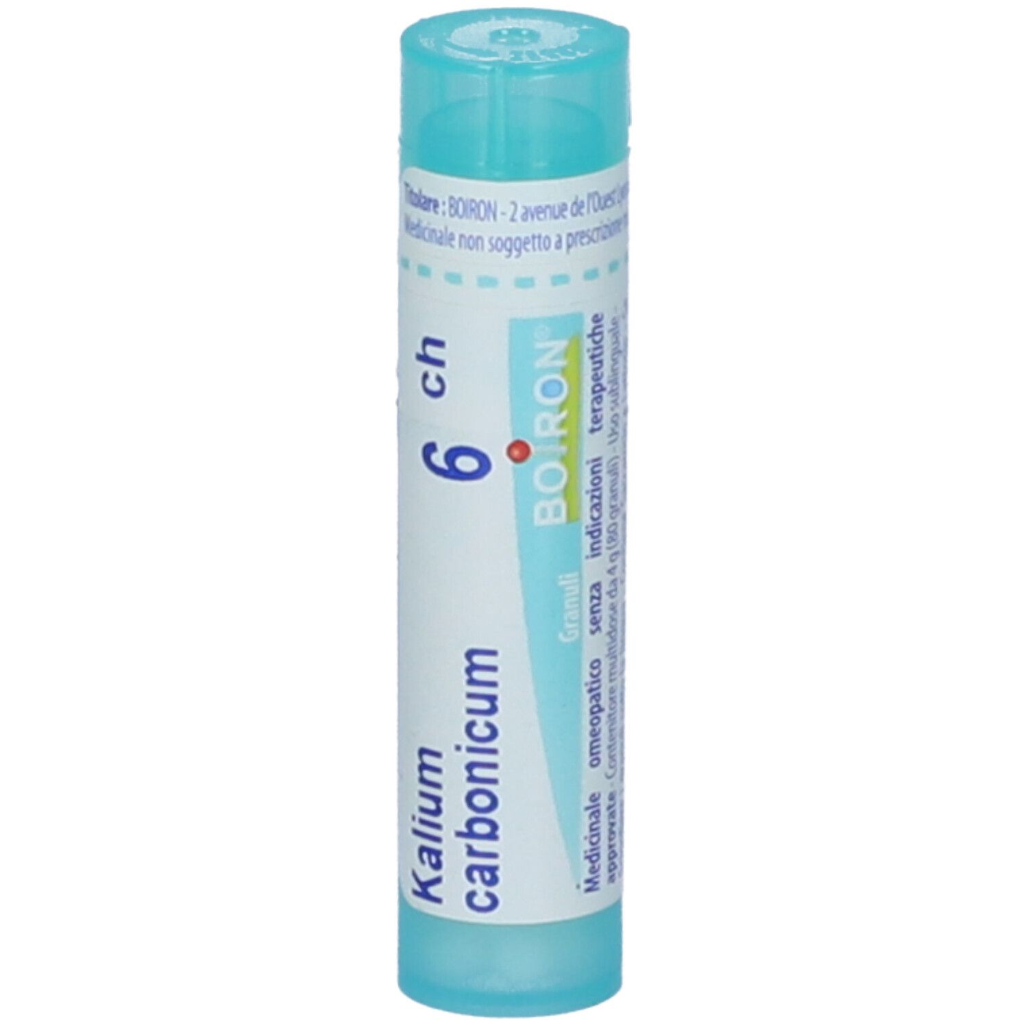 Confezione cilindrica azzurra. Scritta: Kalium carbonicum 6 ch. Logo BOIRON. Granuli.