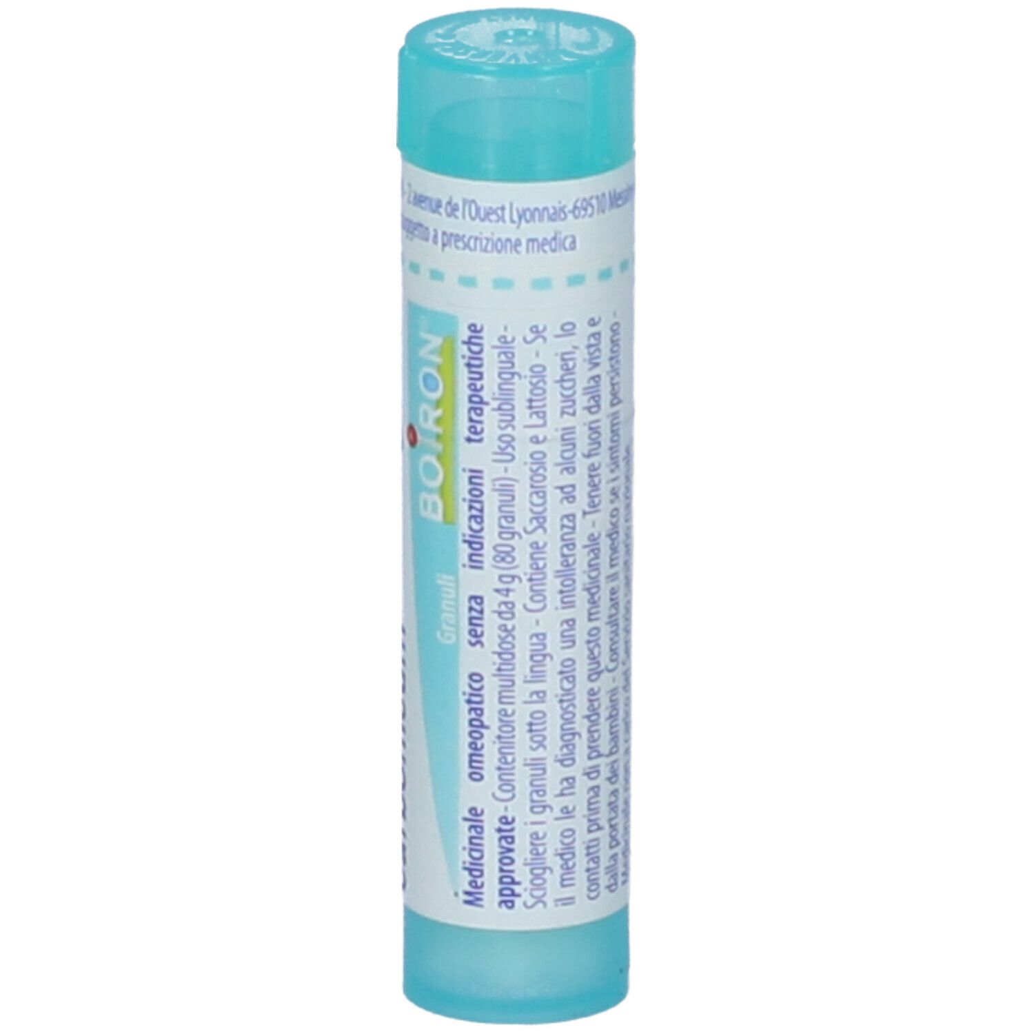 Confezione cilindrica azzurra. Scritta: Kalium carbonicum 6 ch. Logo BOIRON. Granuli.