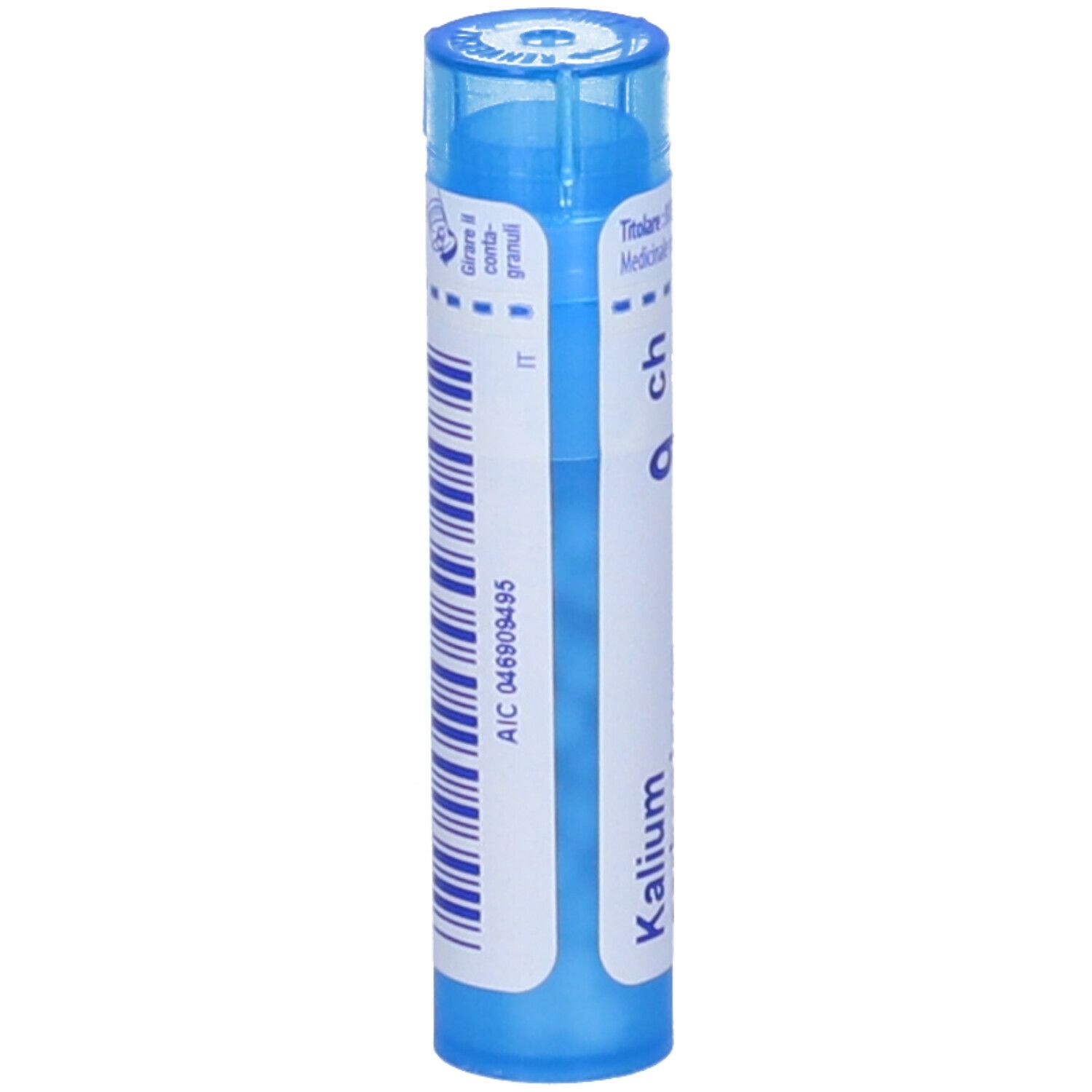 Tubo blu con 'Kalium' e '9 ch'. Adesivo con codice a barre e identificativo IT.