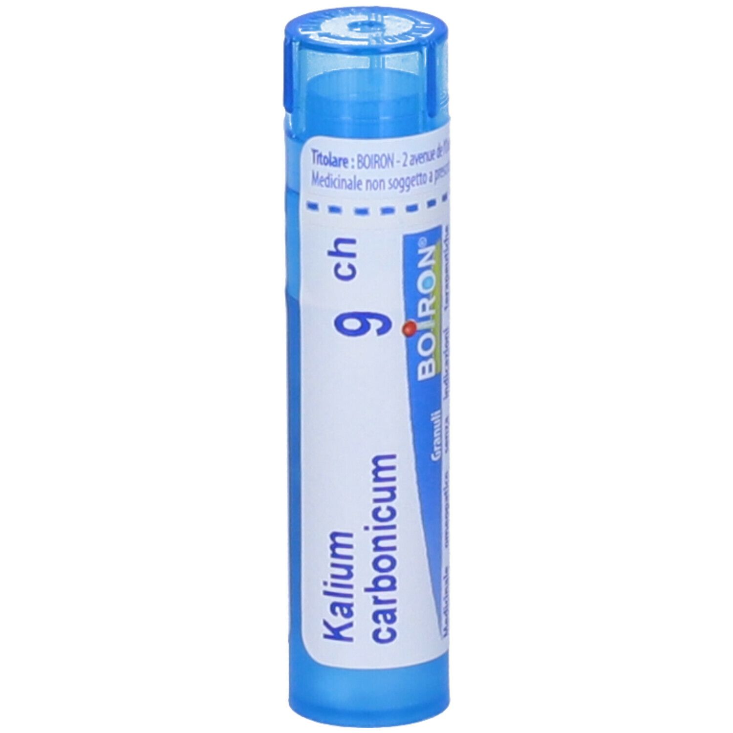Tubo blu con 'Kalium carbonicum 9 ch'. Marchio BOIRON. Scritta Granuli.