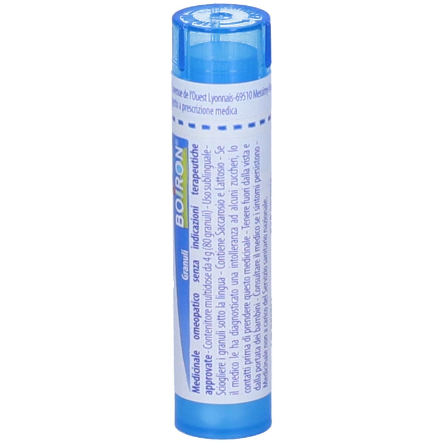 Tubo blu con 'Kalium carbonicum 9 ch'. Marchio BOIRON. Scritta Granuli.