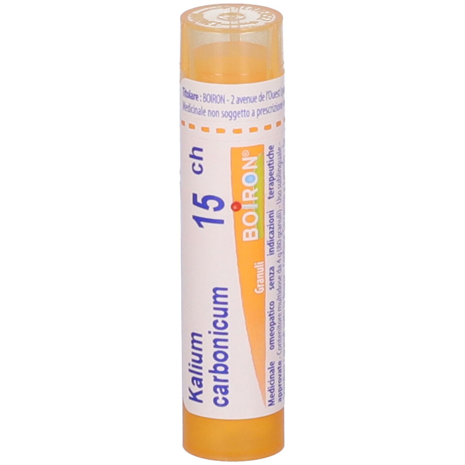 Confezione cilindrica gialla con 'Kalium carbonicum 15 ch' e 'BOIRON'. Vista verticale.