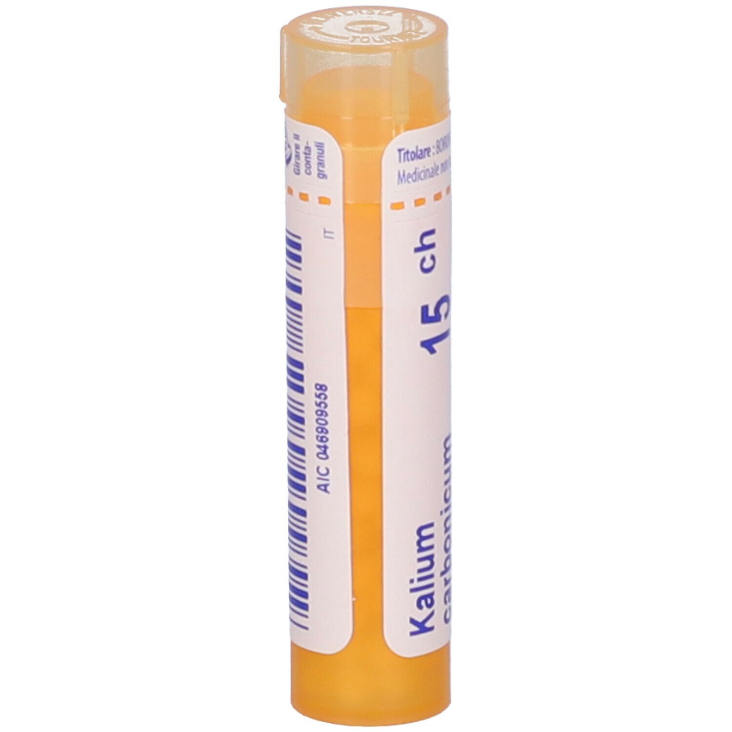 Confezione gialla con 'Kalium carbonicum 15 ch'. Etichetta con codice a barre e 'AIC 046909558'.