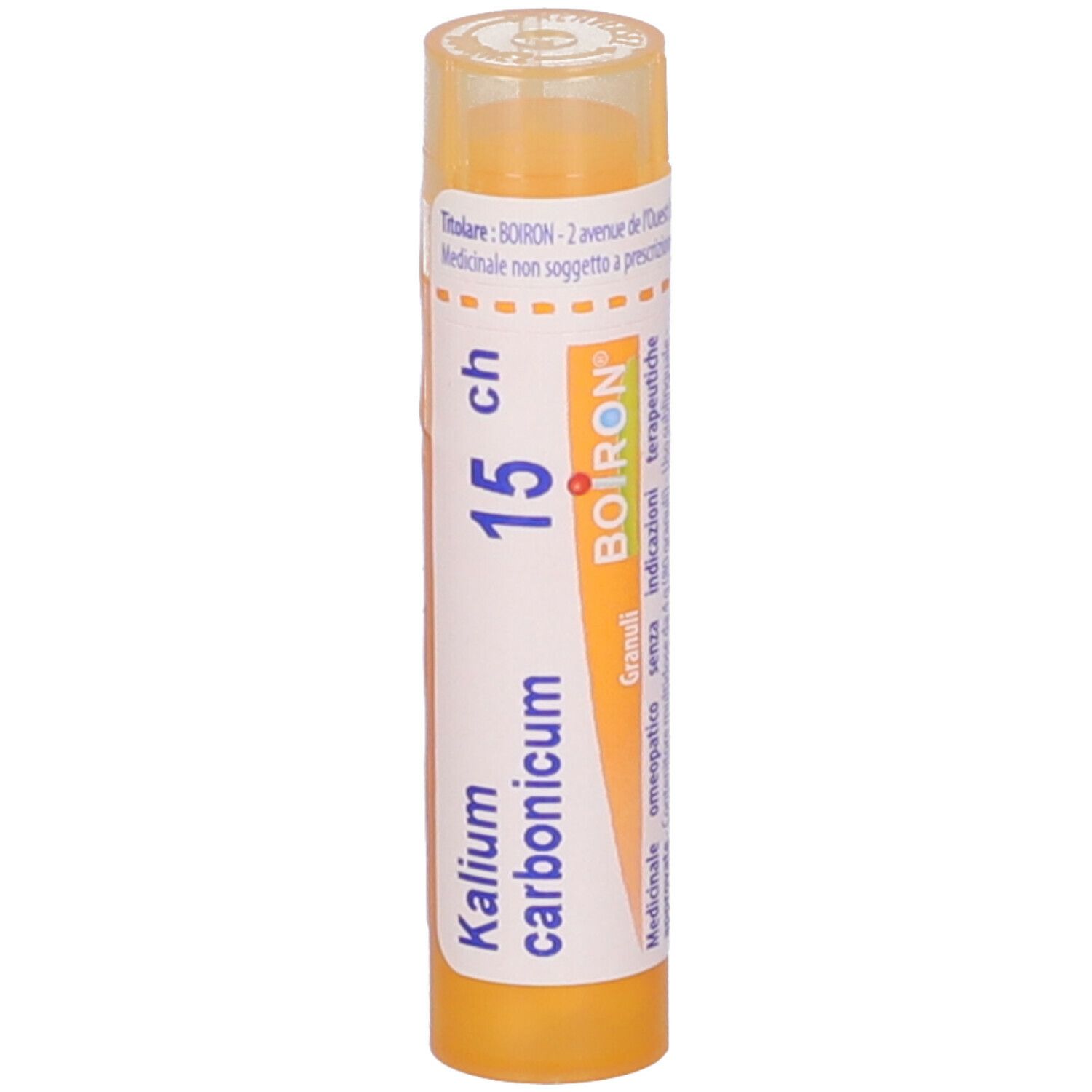 Confezione gialla con 'Kalium carbonicum 15 ch' e 'BOIRON'. Granuli. Primo piano.