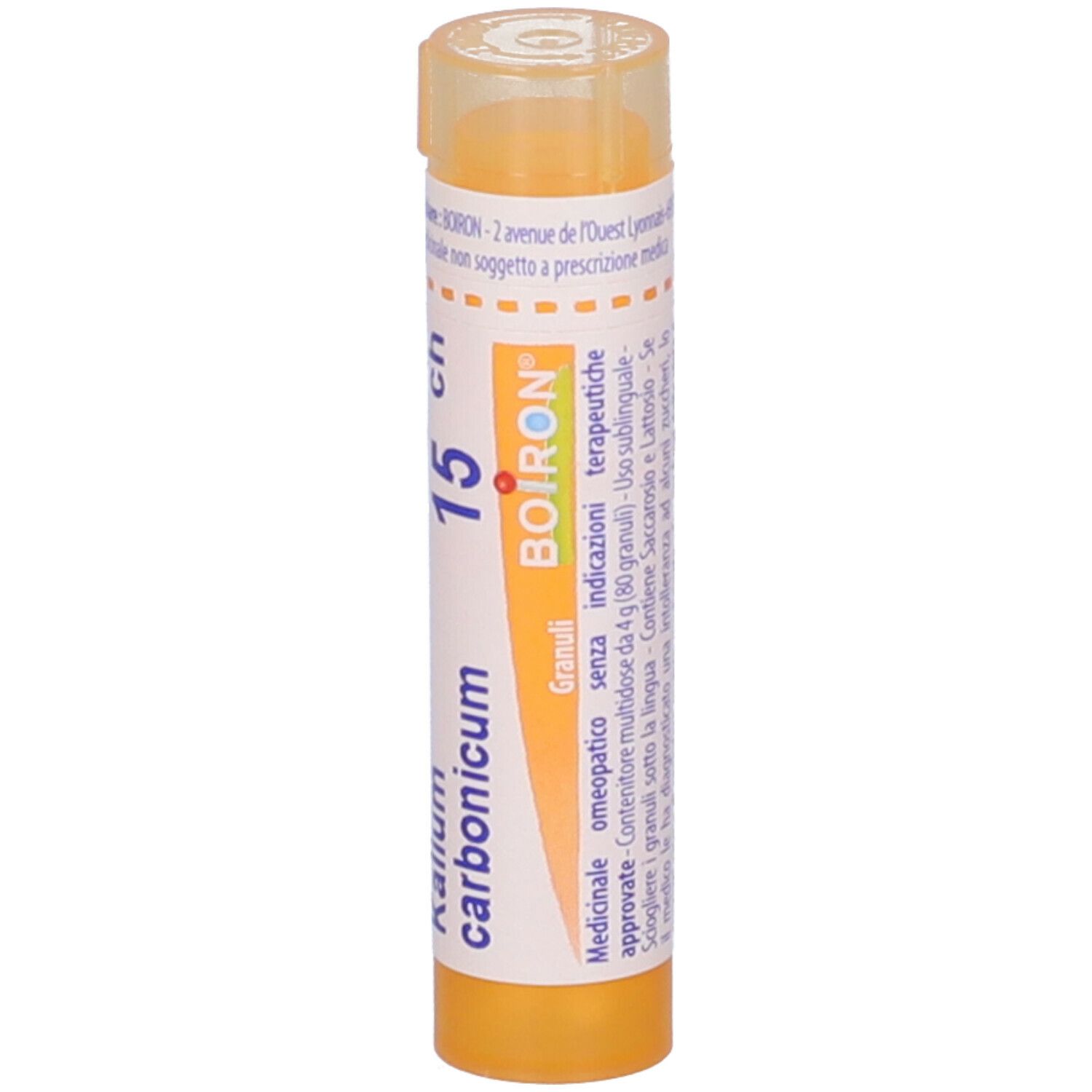 Confezione gialla con 'Kalium carbonicum 15 ch' e 'BOIRON'. Testo sugli ingredienti.