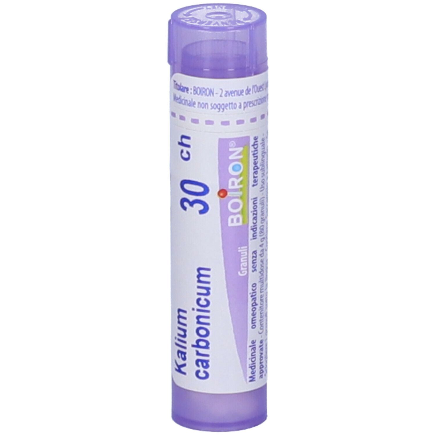 Tubo cilindrico viola con testo bianco. Scritta: Kalium carbonicum 30 ch, BOIRON. Un coperchio in alto.