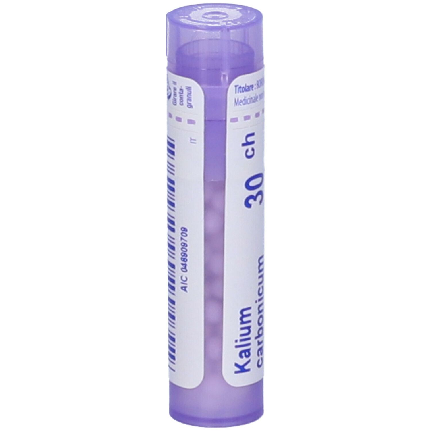 Tubo cilindrico viola con testo bianco e codice a barre. Scritta: Kalium carbonicum 30 ch. Un coperchio in alto.