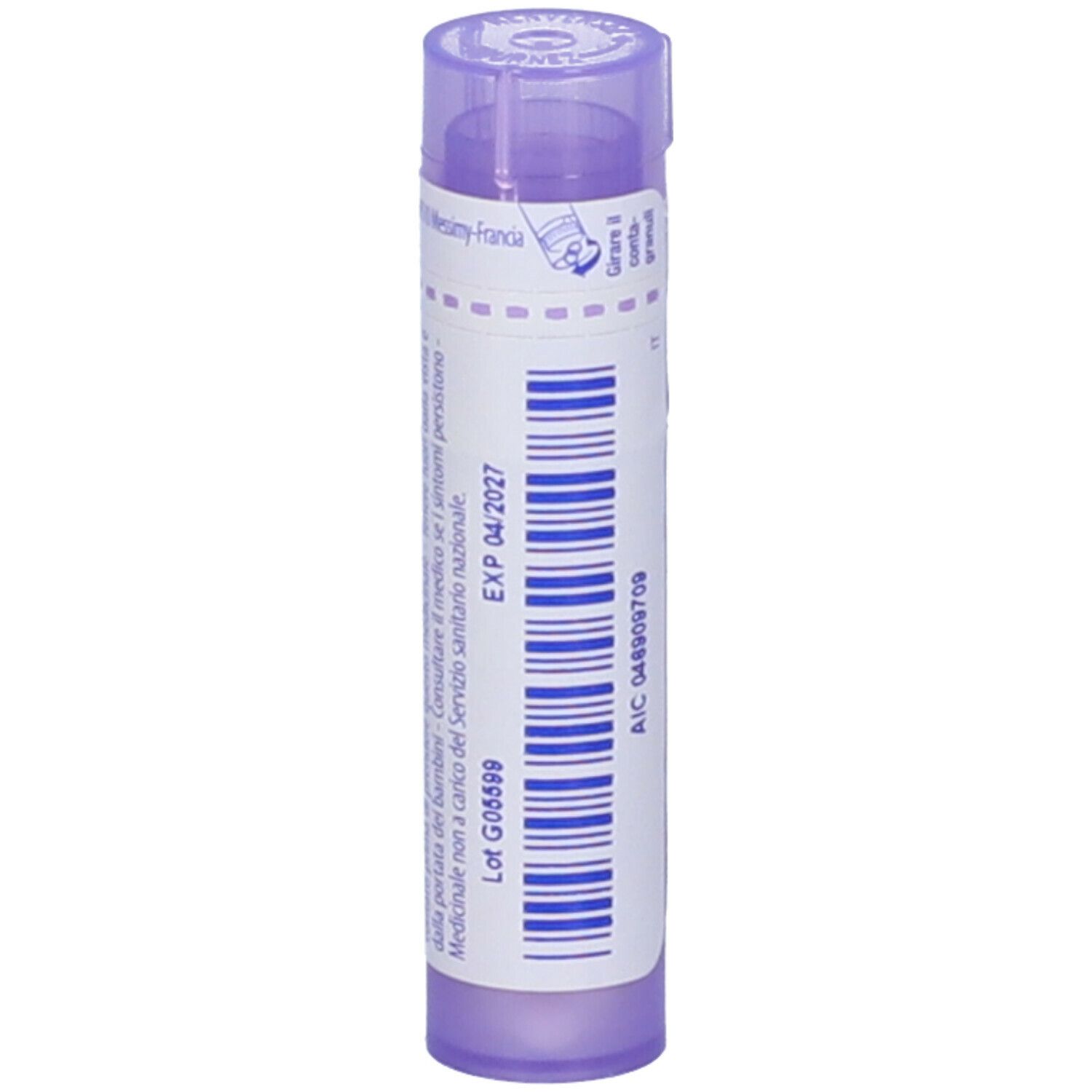 Tubo cilindrico viola con testo bianco e codice a barre. Scritta: EXP 04/2027. Un coperchio in alto.