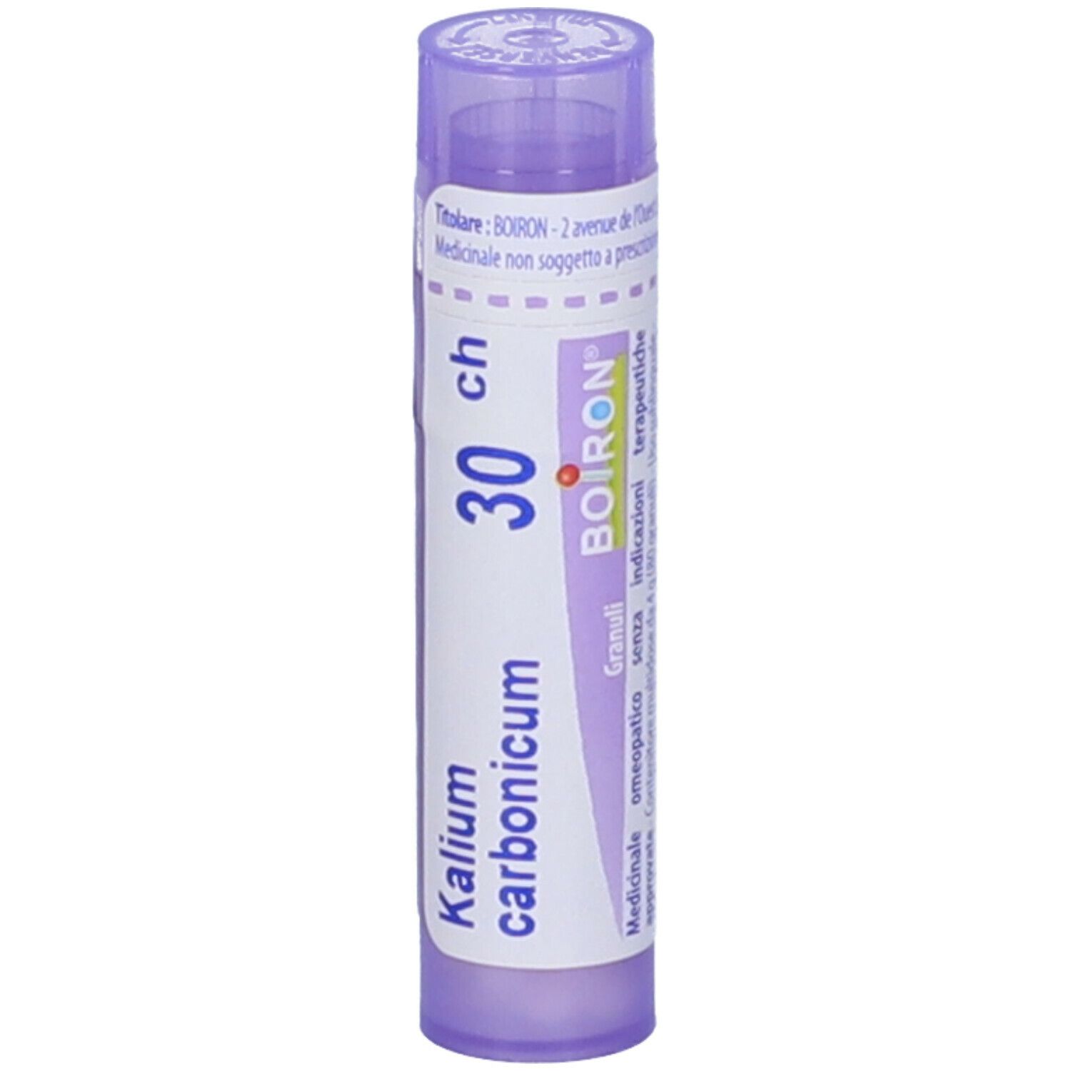 Tubo cilindrico viola con testo bianco. Scritta: Kalium carbonicum 30 ch, BOIRON. Un coperchio in alto.