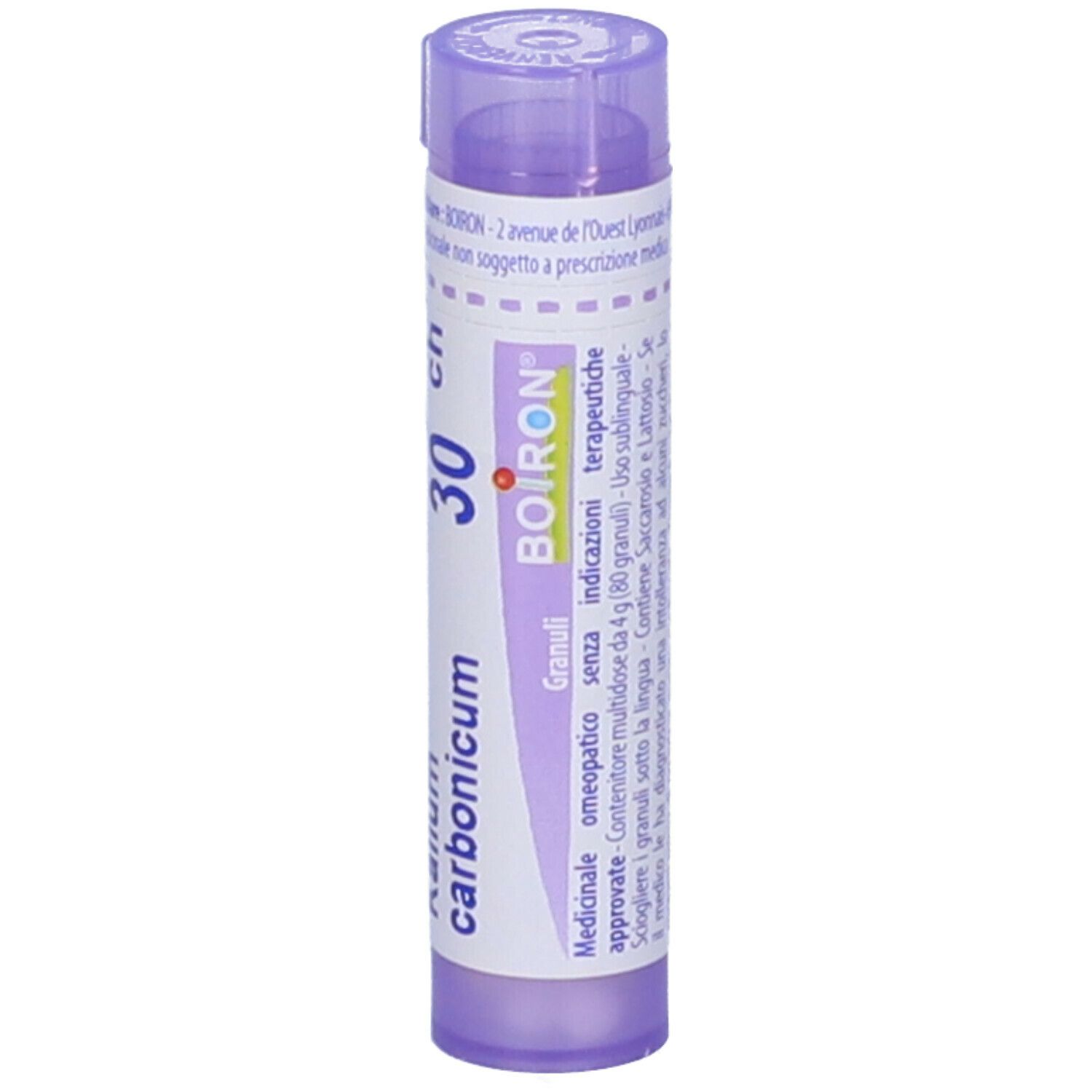 Tubo cilindrico viola con testo bianco. Scritta: Kalium carbonicum 30 ch, BOIRON. Un coperchio in alto.