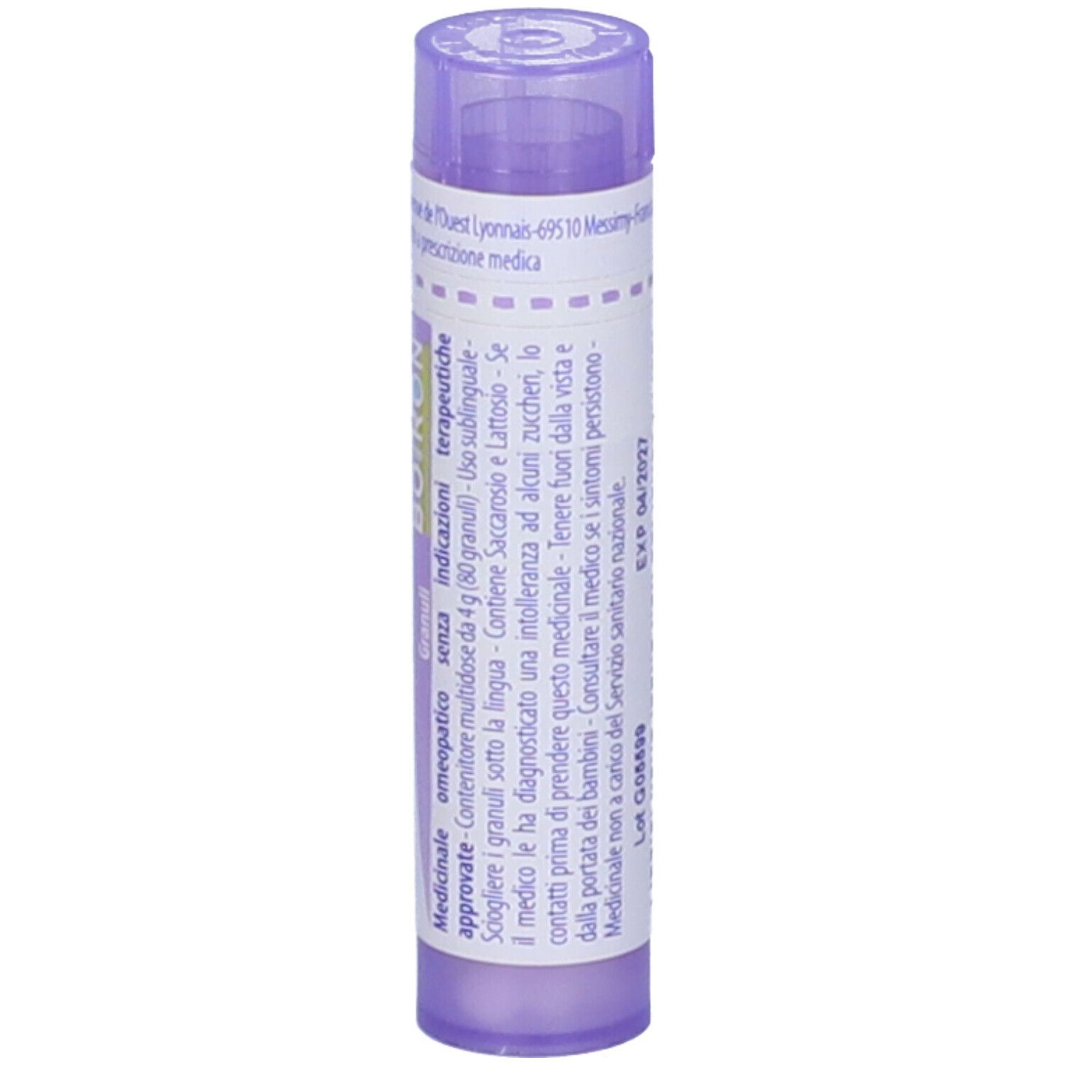 Tubo cilindrico viola con testo bianco. Scritta: Kalium carbonicum 30 ch. Un coperchio in alto.