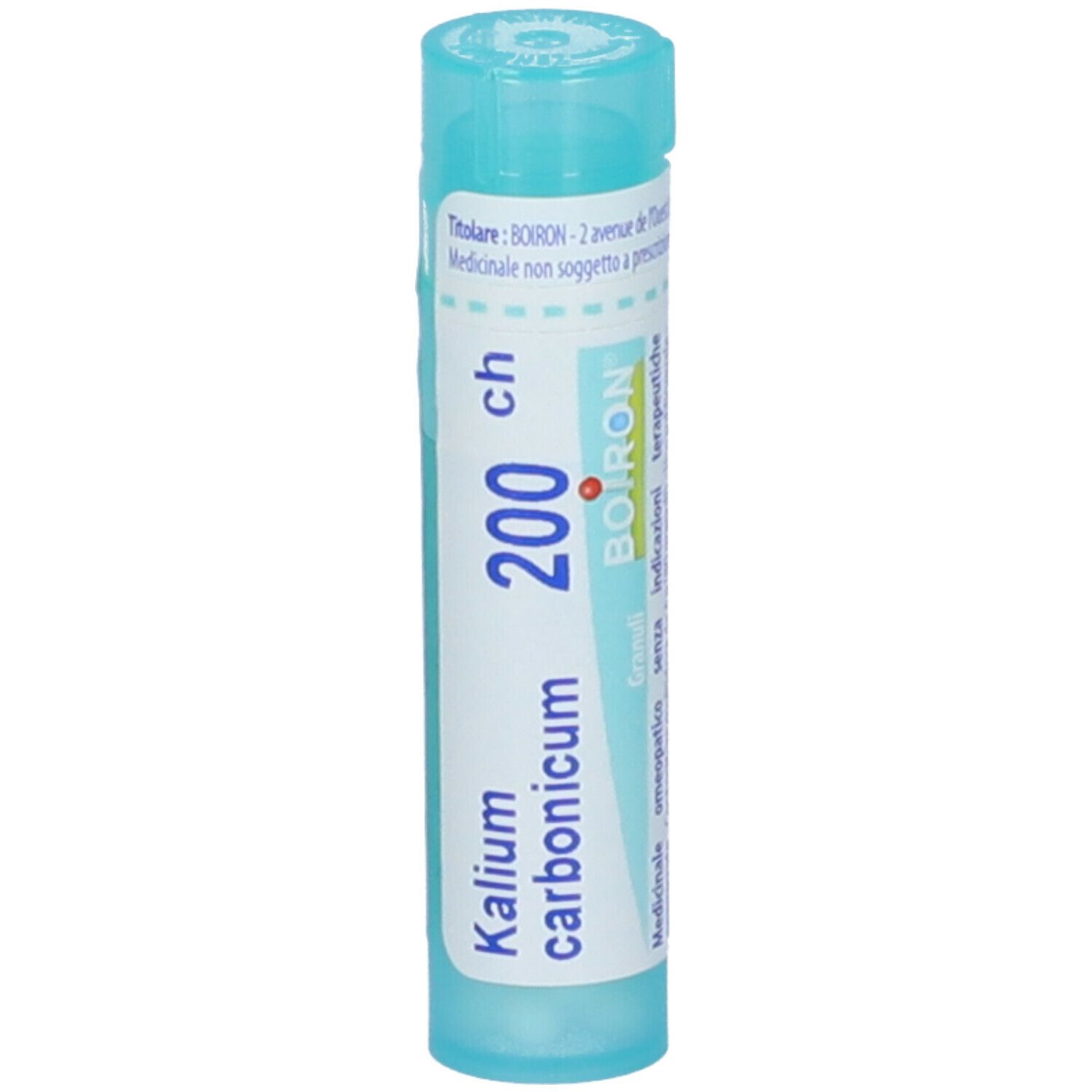 Confezione cilindrica azzurra. Scritta: Kalium carbonicum 200 ch, BOIRON. Tappo blu.