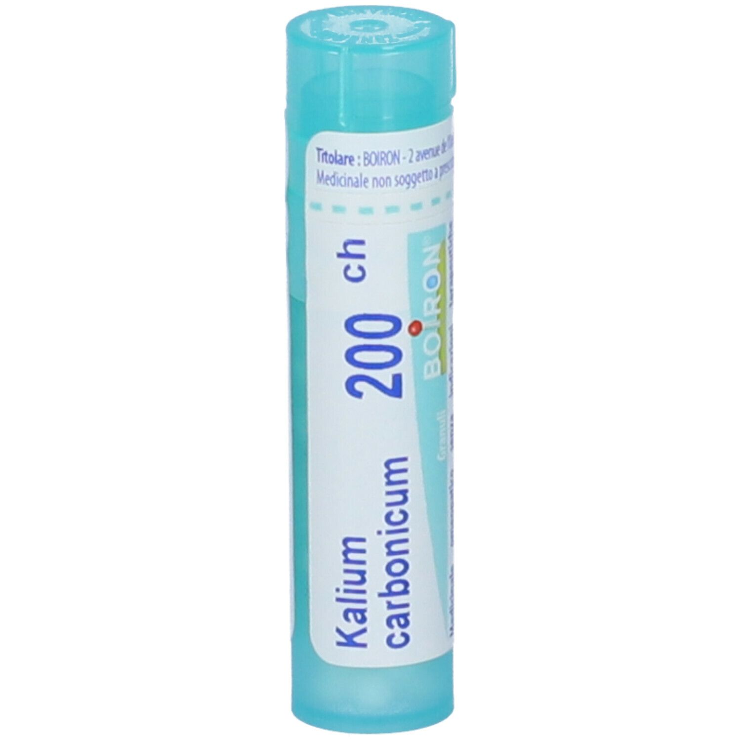 Confezione cilindrica azzurra. Scritta: Kalium carbonicum 200 ch, BOIRON. Tappo blu.