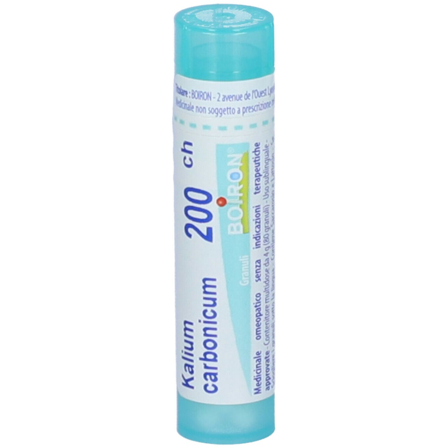 Confezione cilindrica azzurra. Scritta: Kalium carbonicum 200 ch, BOIRON. Tappo blu.