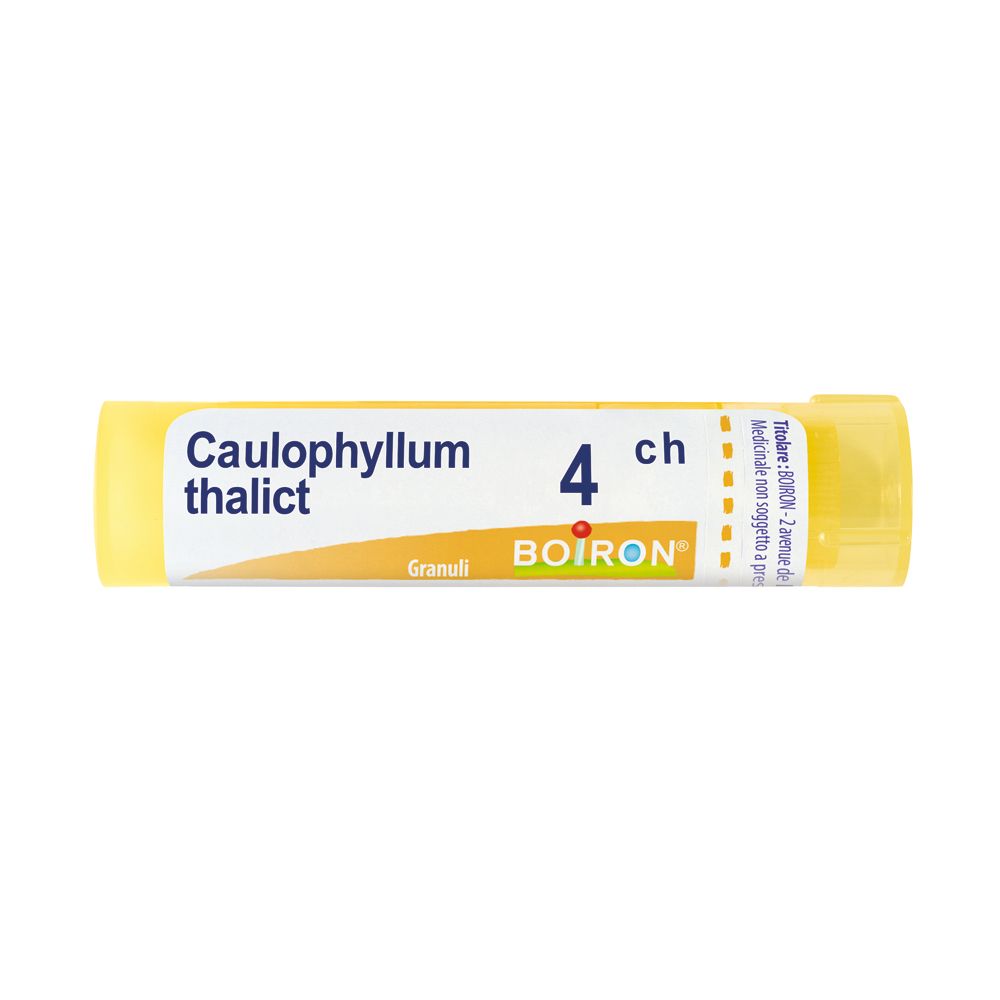 Tubo giallo con scritta 'Caulophyllum thalict' e '4 ch'. Marchio BOIRON. Indicazione 'Granuli'.
