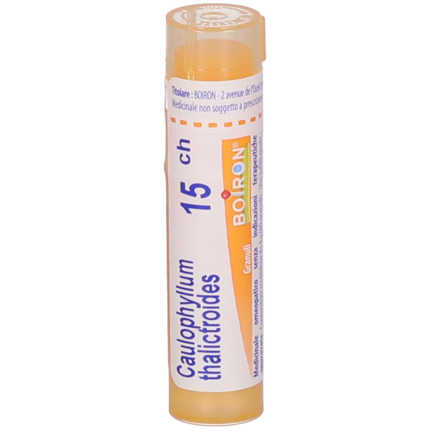Tubo cilindrico giallo con 'Caulophyllum thalictroides 15 ch' e marchio BOIRON.