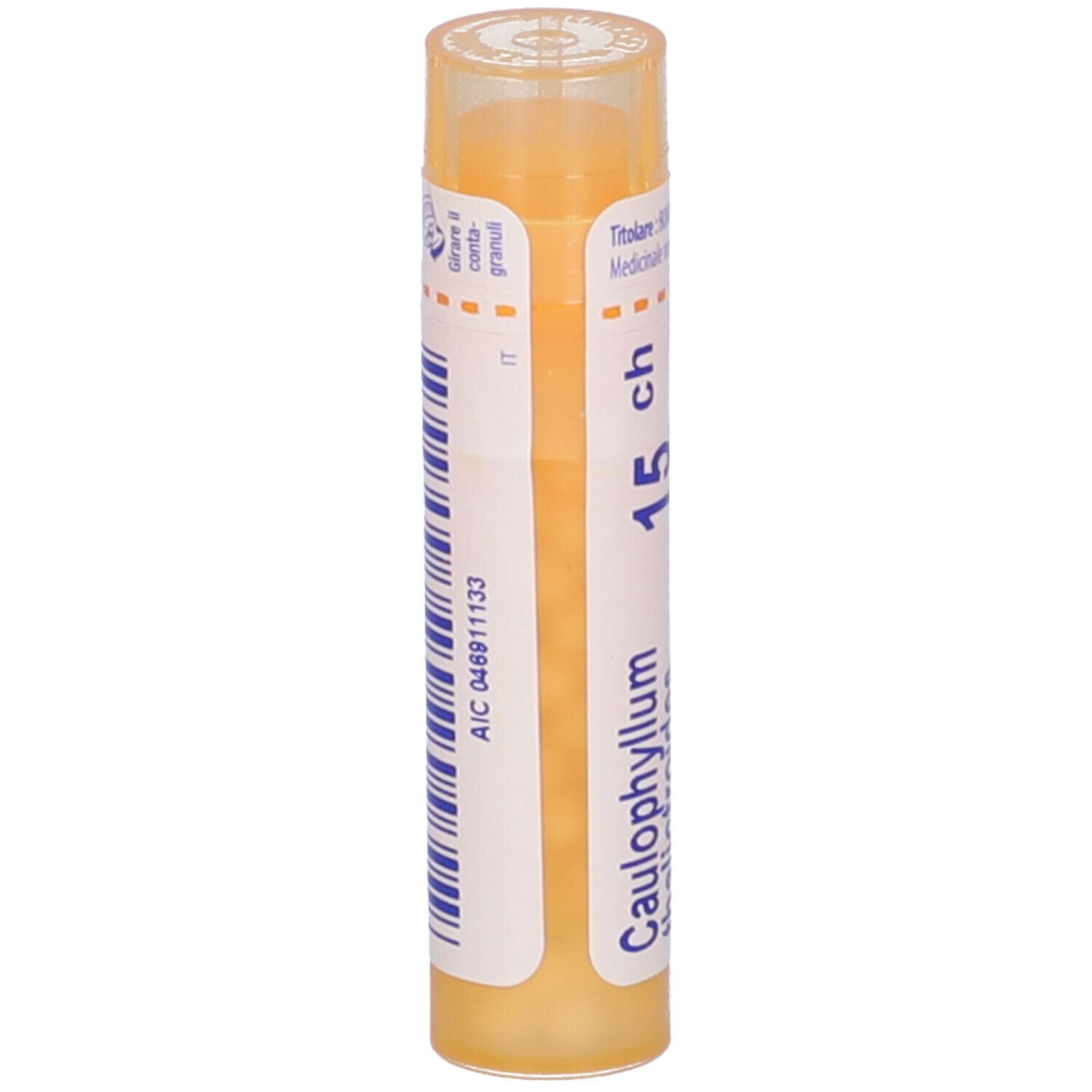 Tubo giallo con 'Caulophyllum' e '15 ch'. Codice a barre blu e 'AIC 046911133'.