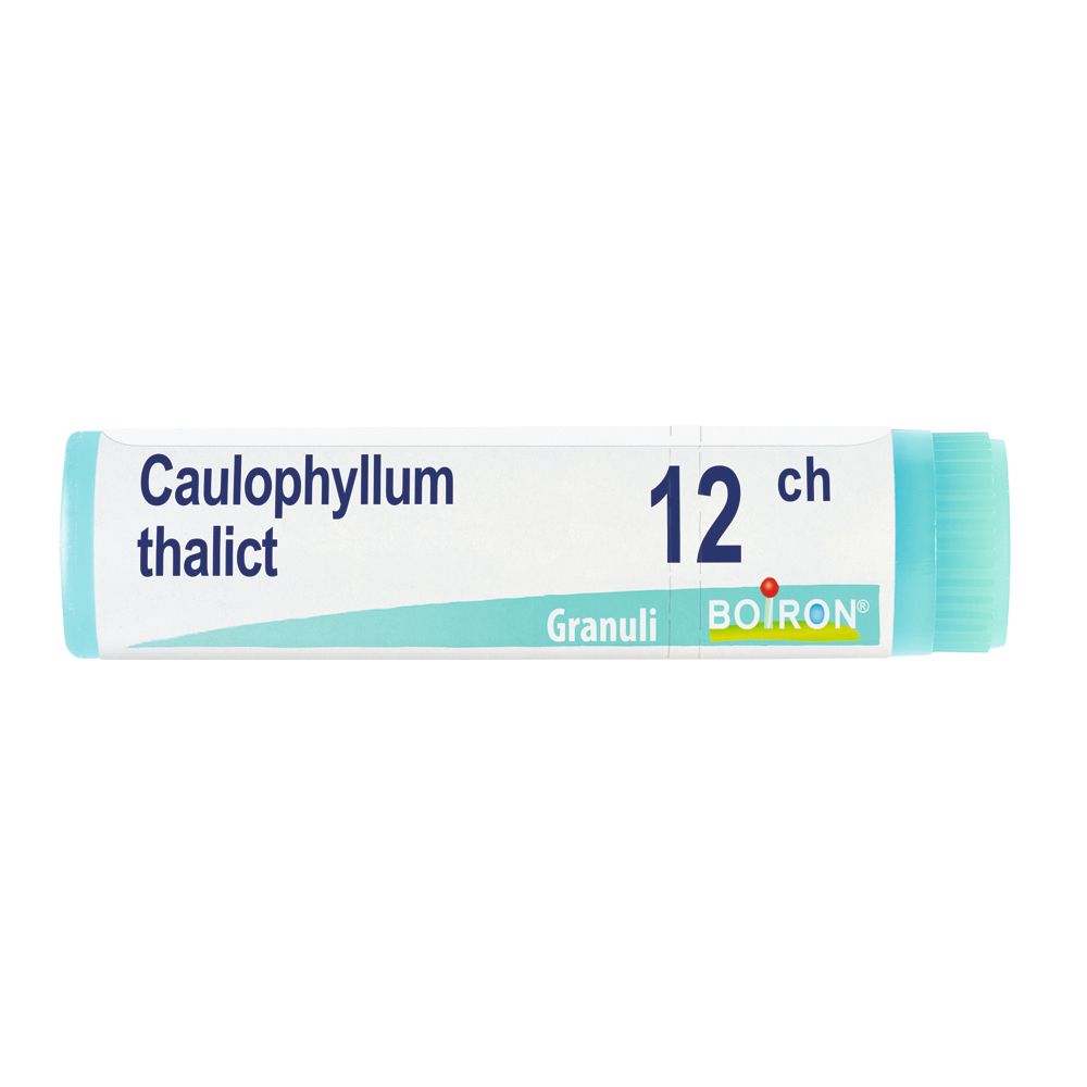 Confezione cilindrica con tappo blu. Scritta: Caulophyllum thalict, 12 ch, Granuli, BOIRON.