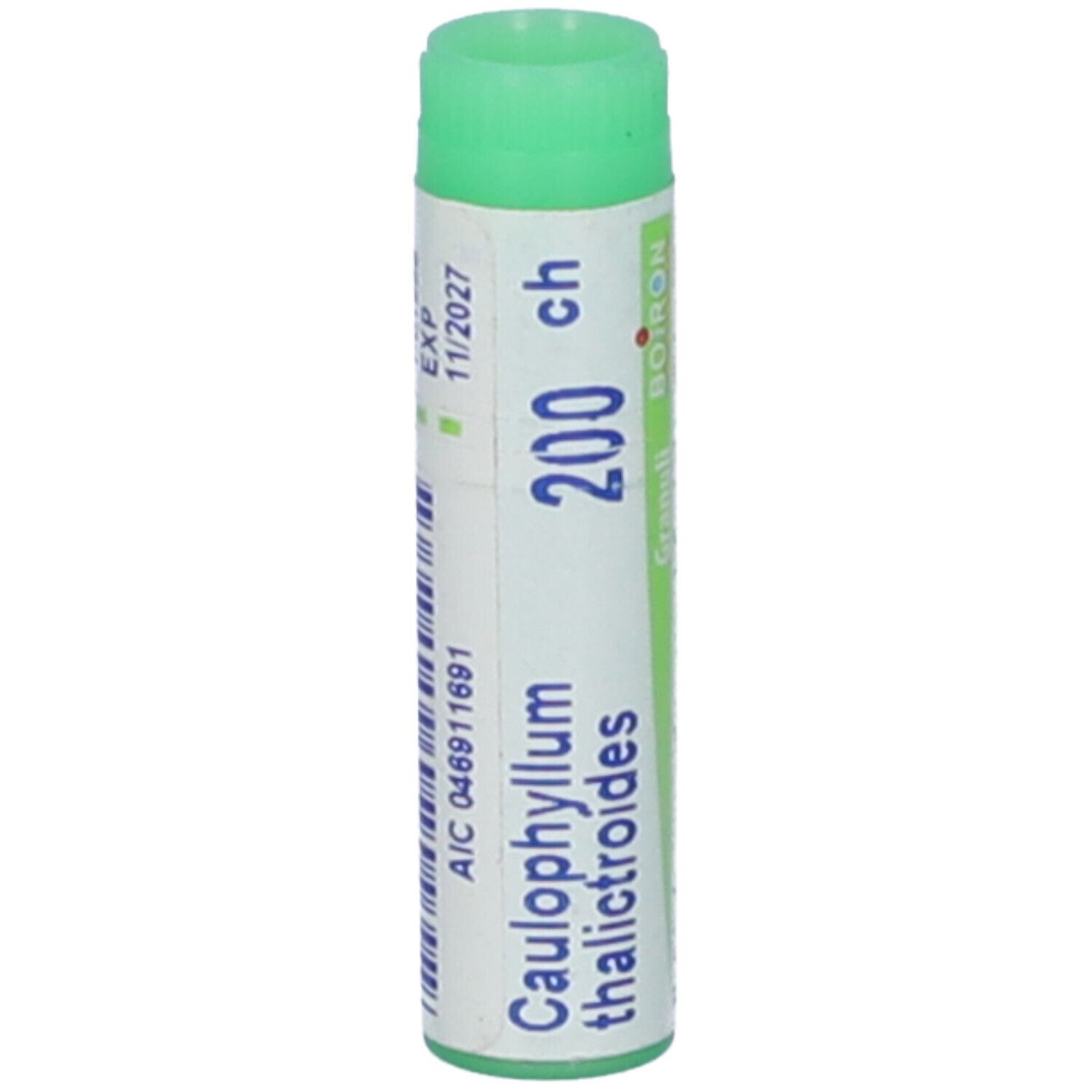 Confezione cilindrica con tappo verde. Scritta: Caulophyllum thalictroides, 200 ch, BOIRON, codice a barre.