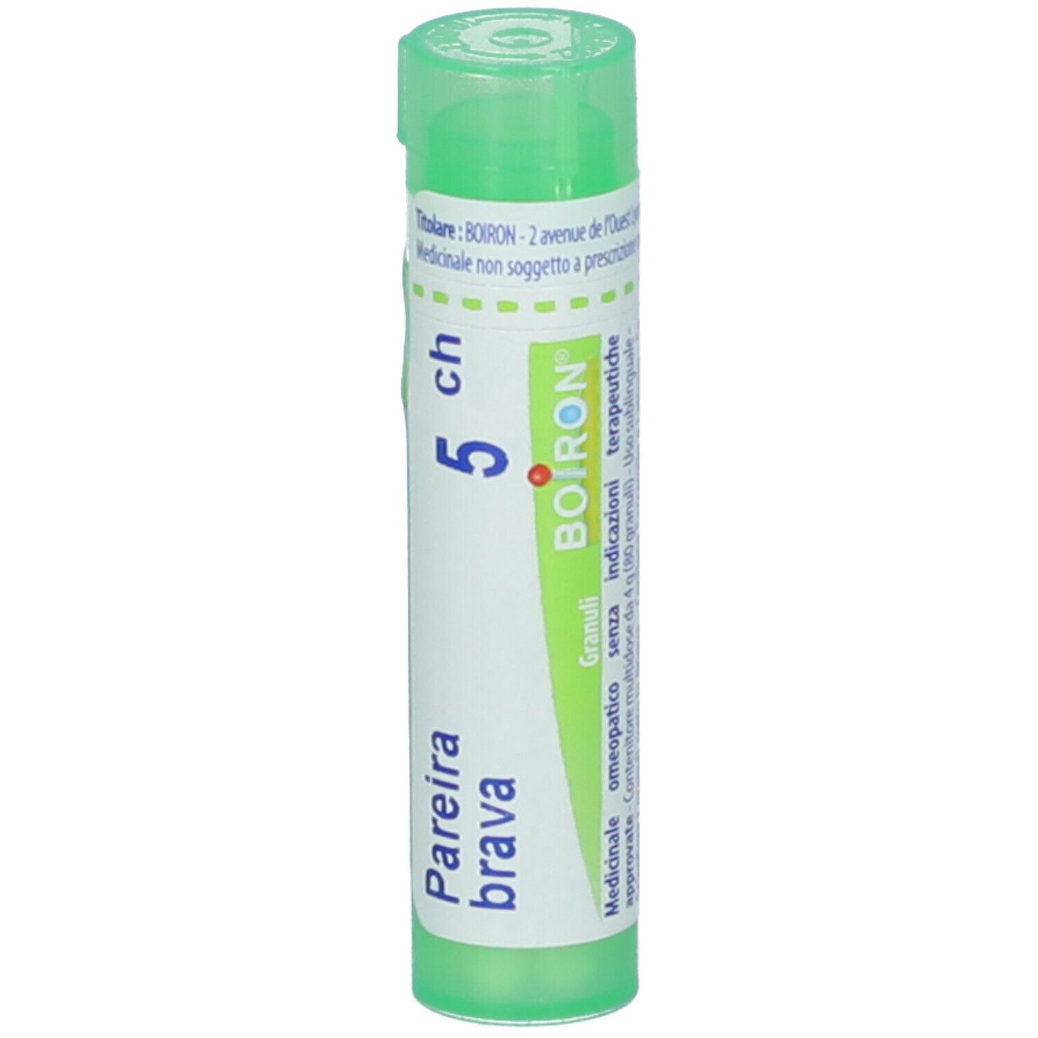 Tubo cilindrico verde. Scritta: Pareira brava, 5 ch, BOIRON. Con tappo verde.