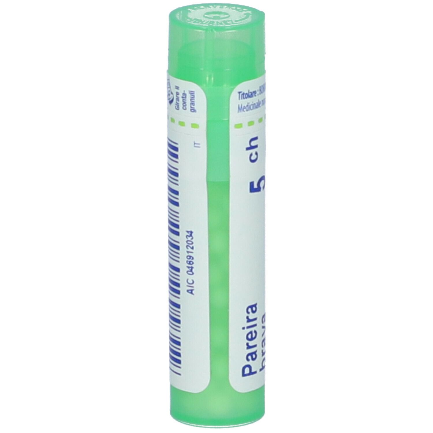 Tubo cilindrico verde. Scritta: Pareira brava, 5 ch. Con codice a barre e tappo verde.
