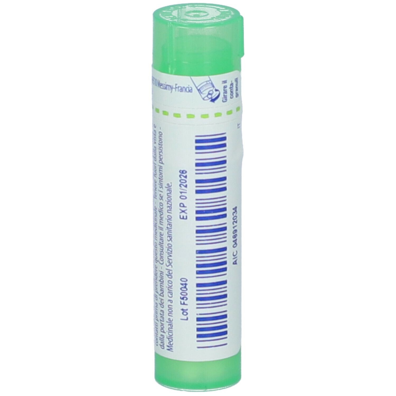 Tubo cilindrico verde. Scritta: Pareira brava, 5 ch. Con data di scadenza e tappo verde.