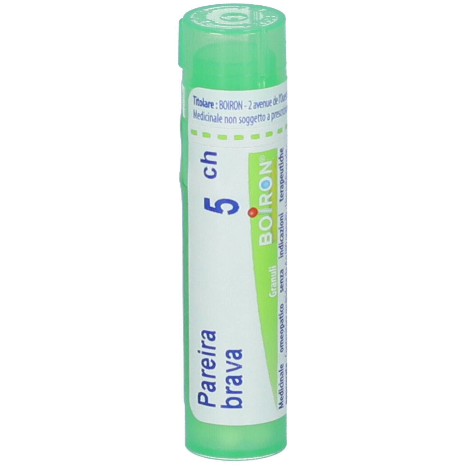 Tubo cilindrico verde. Scritta: Pareira brava, 5 ch, BOIRON. Con punto rosso e tappo verde.