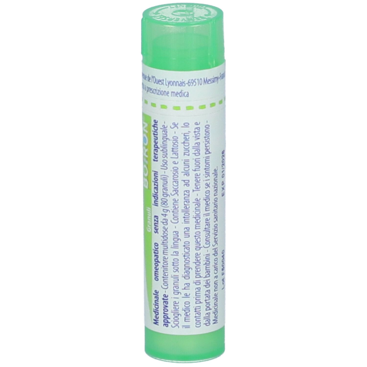 Tubo cilindrico verde. Scritta: Pareira brava, 5 ch. Con testo e tappo verde.