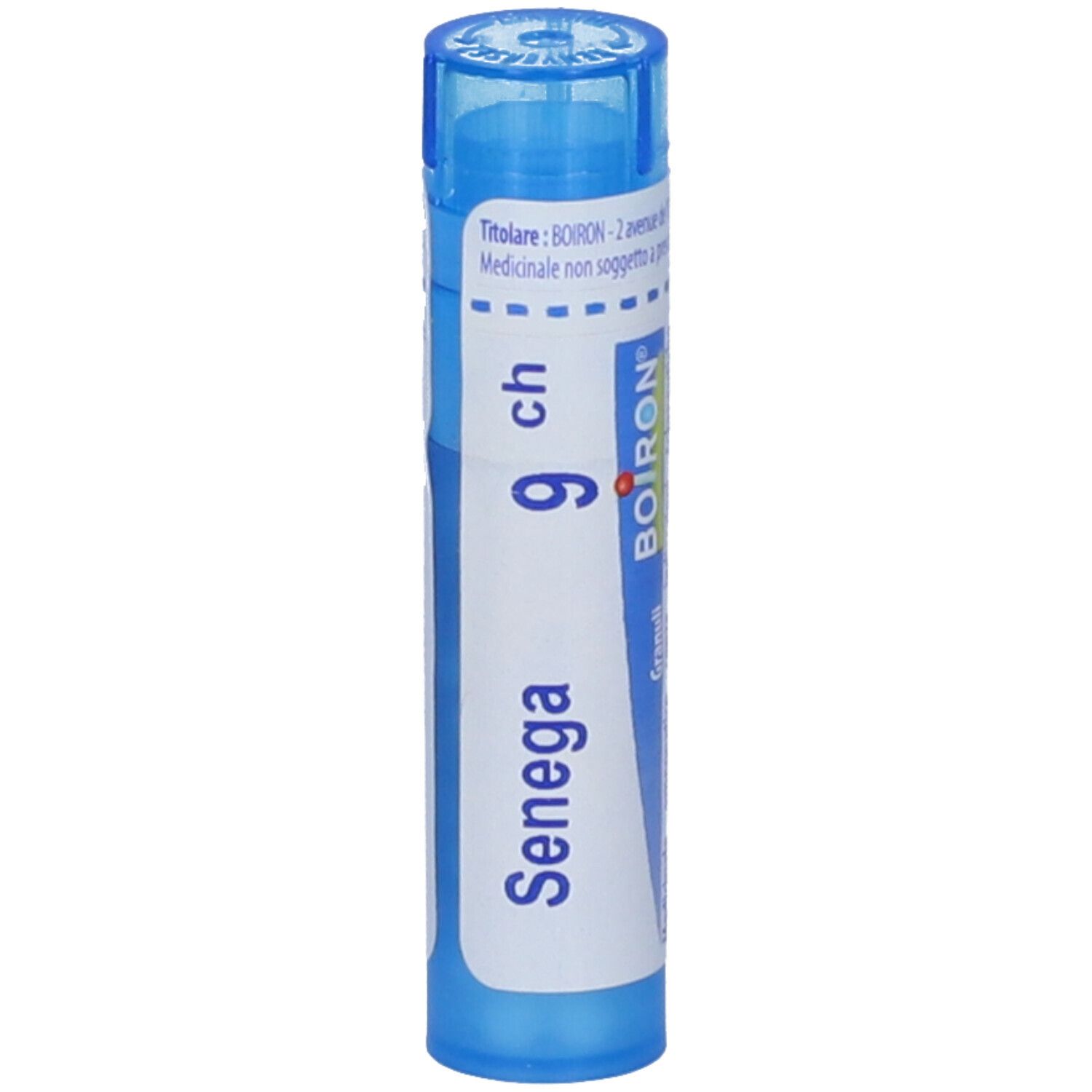 Confezione cilindrica blu. Scritta: Senega 9 ch, BOIRON.
