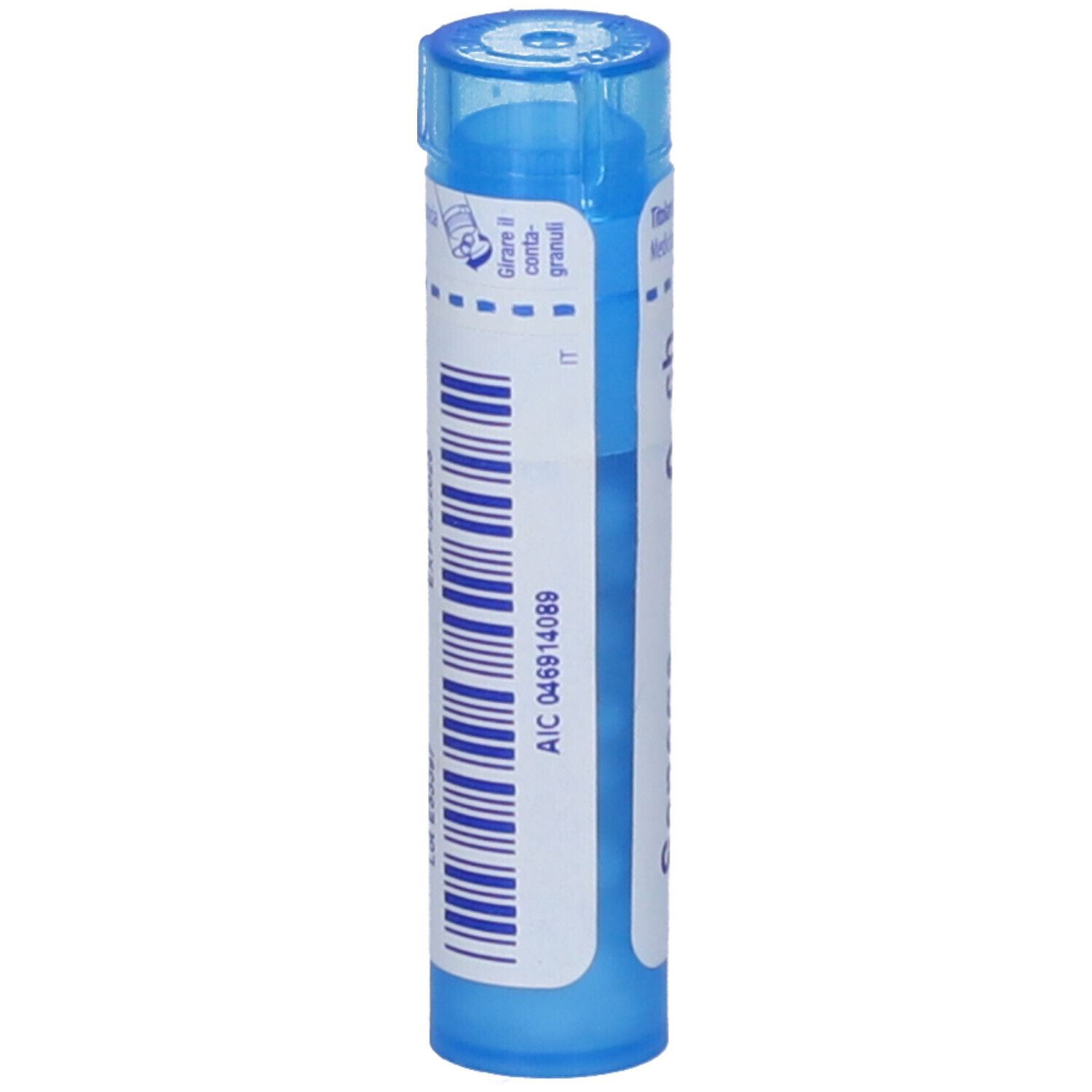 Confezione cilindrica blu. Scritta: AIC 046914089.