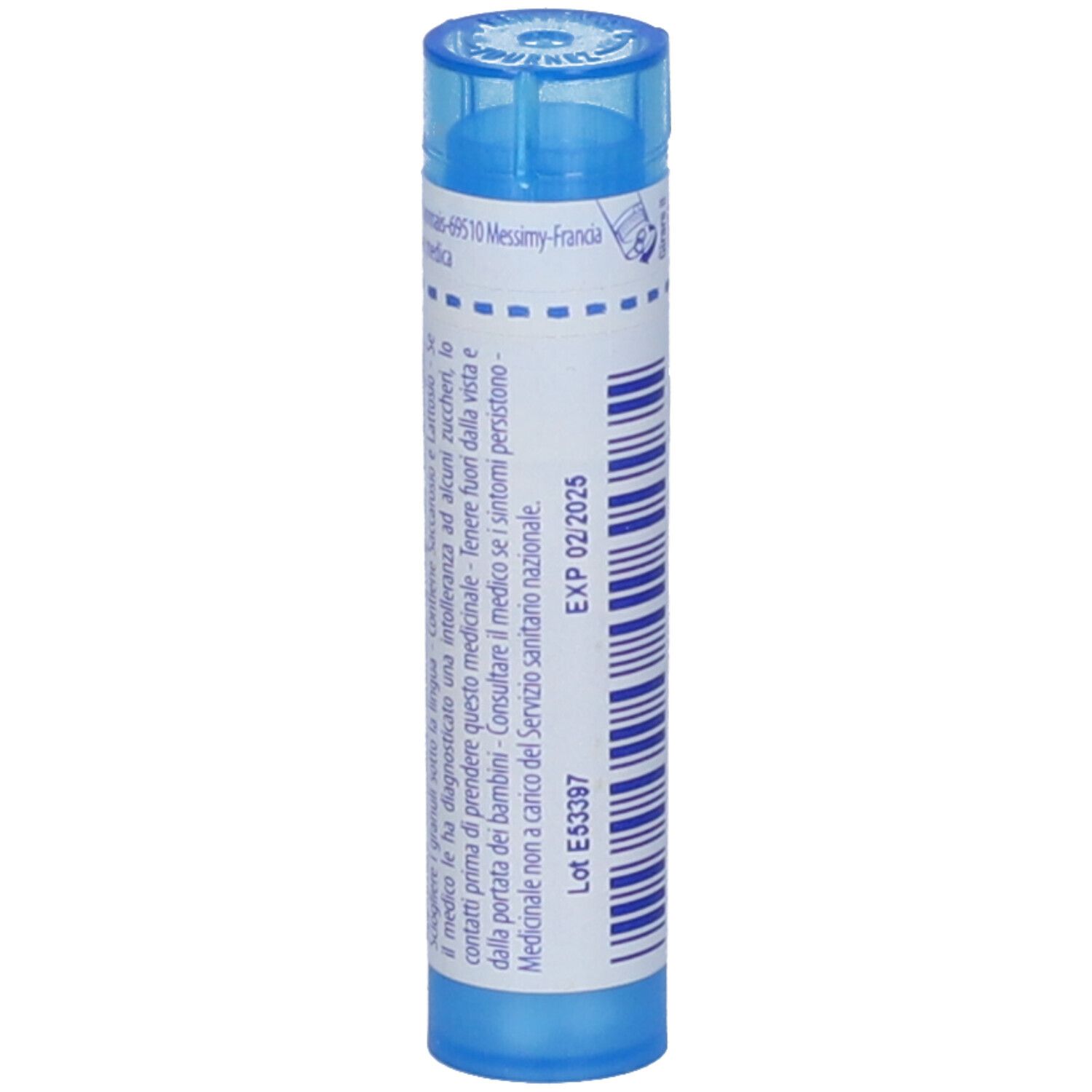 Confezione cilindrica blu. Scritta: EXP 02/2025.