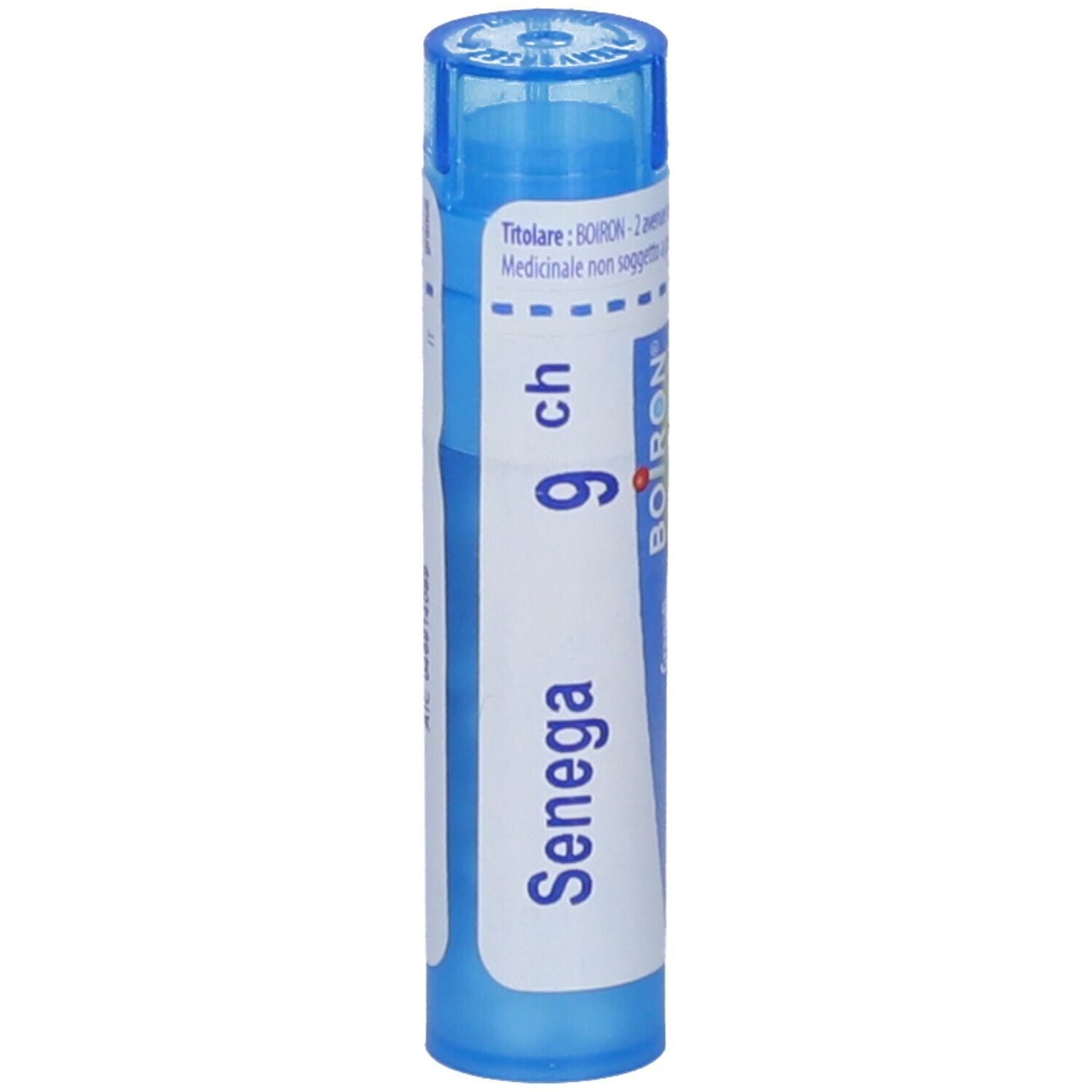 Confezione cilindrica blu. Scritta: Senega 9 ch, BOIRON.