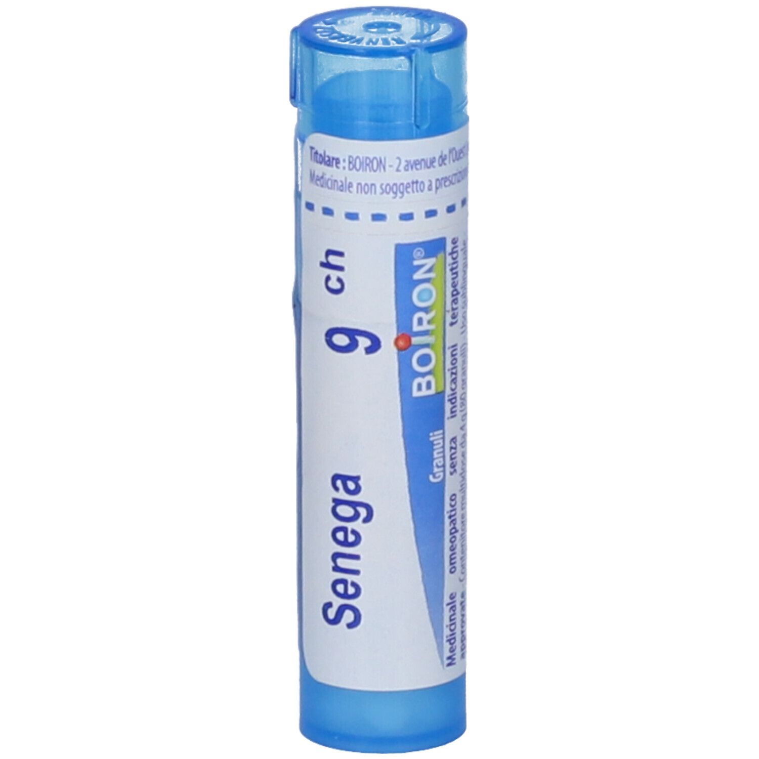Confezione cilindrica blu. Scritta: Senega 9 ch, BOIRON.