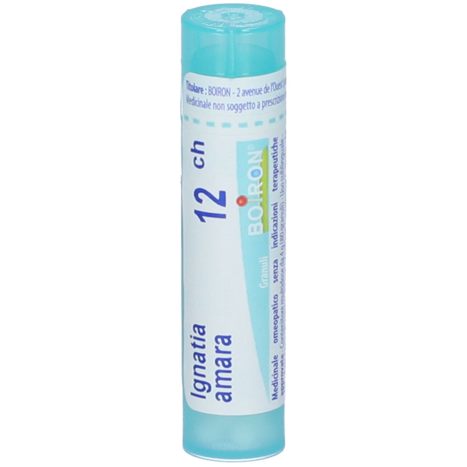 Confezione cilindrica azzurra con testo bianco. Contiene granuli. Scritta: Ignatia amara, 12 ch, BOIRON.