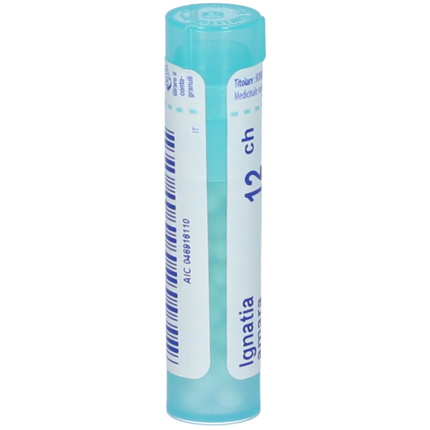 Confezione cilindrica azzurra con testo bianco. Contiene granuli. Scritta: Ignatia amara, 12 ch, BOIRON.