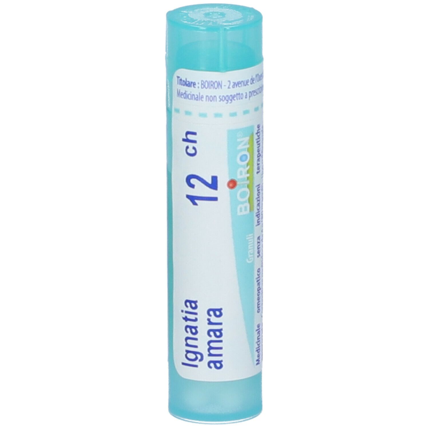 Confezione cilindrica azzurra con testo bianco. Contiene granuli. Scritta: Ignatia amara, 12 ch, BOIRON.