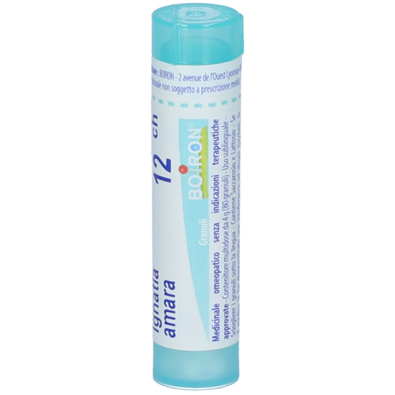 Confezione cilindrica azzurra con testo bianco. Contiene granuli. Scritta: Ignatia amara, 12 ch, BOIRON.