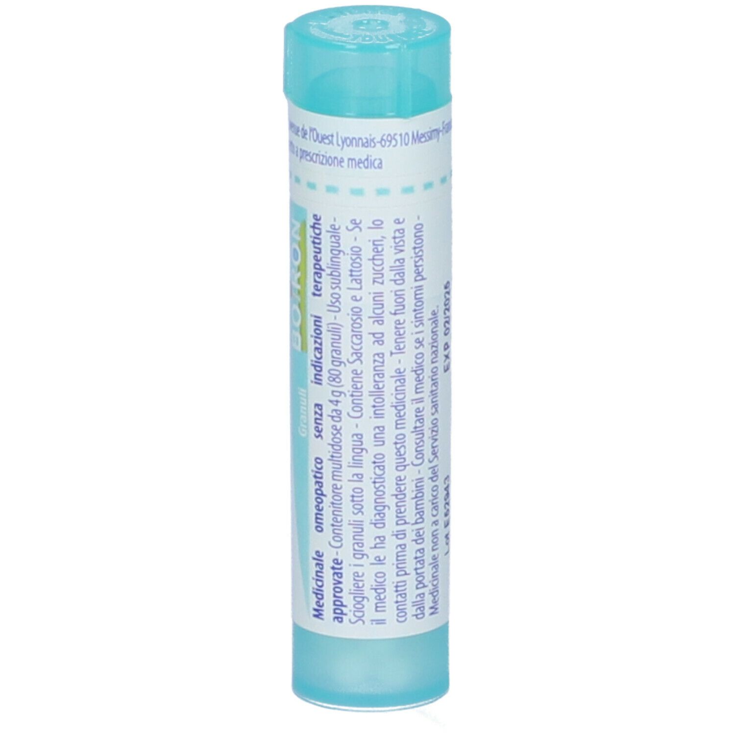 Confezione cilindrica azzurra con testo bianco. Contiene granuli. Scritta: Ignatia amara, 12 ch, BOIRON.