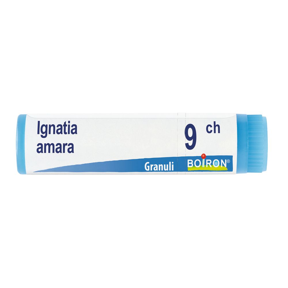 Confezione cilindrica con tappo blu. Scritta: Ignatia amara, 9 ch, Granuli, BOIRON.