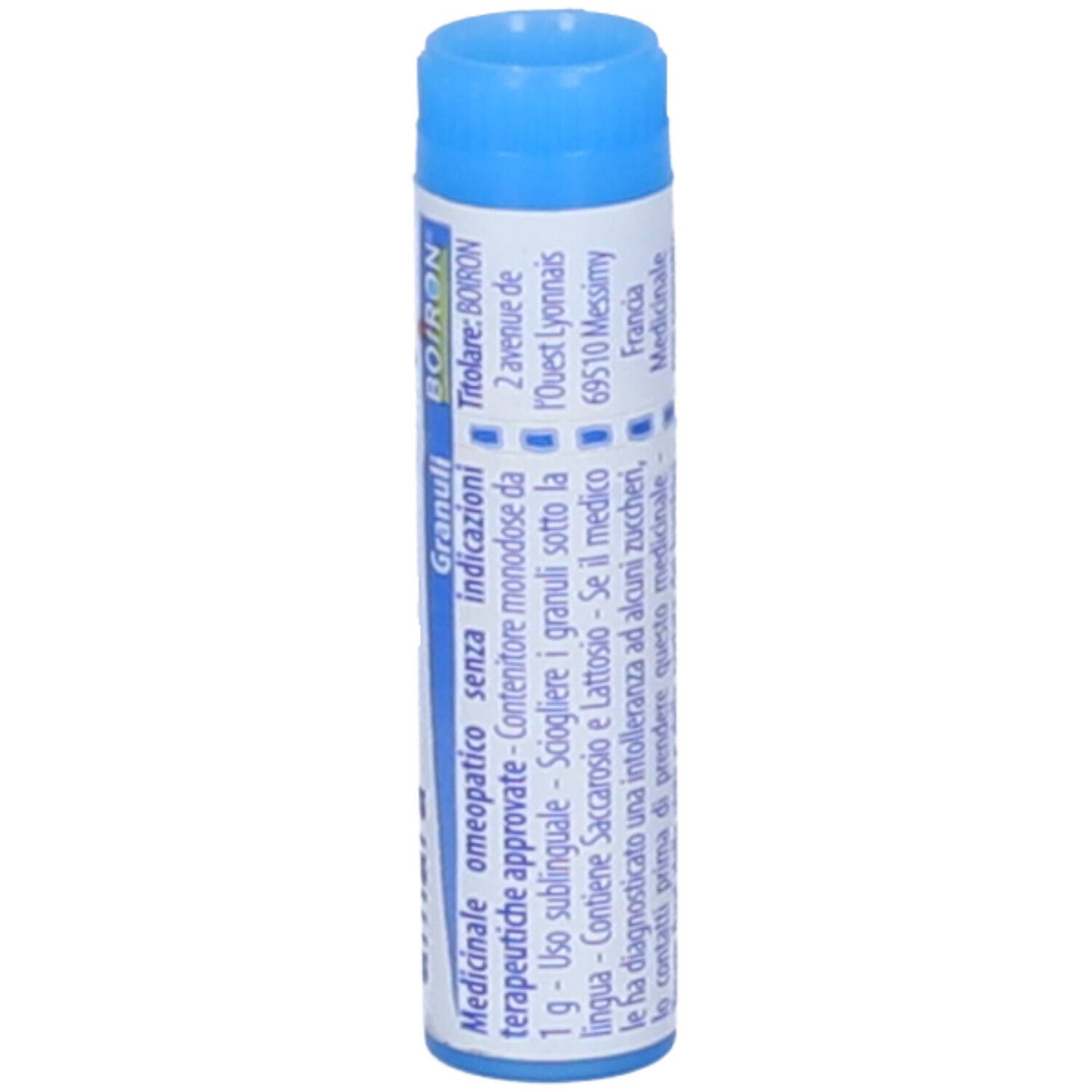 Confezione cilindrica, blu e bianca. Scritta: Ignatia amara, 9 ch, BOIRON. Con stampe.