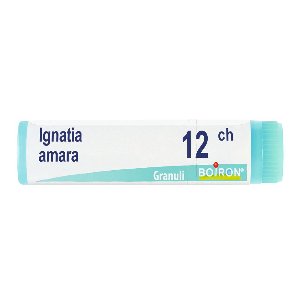 Confezione cilindrica con "Ignatia amara 12 ch Granuli BOIRON". Tappo turchese.