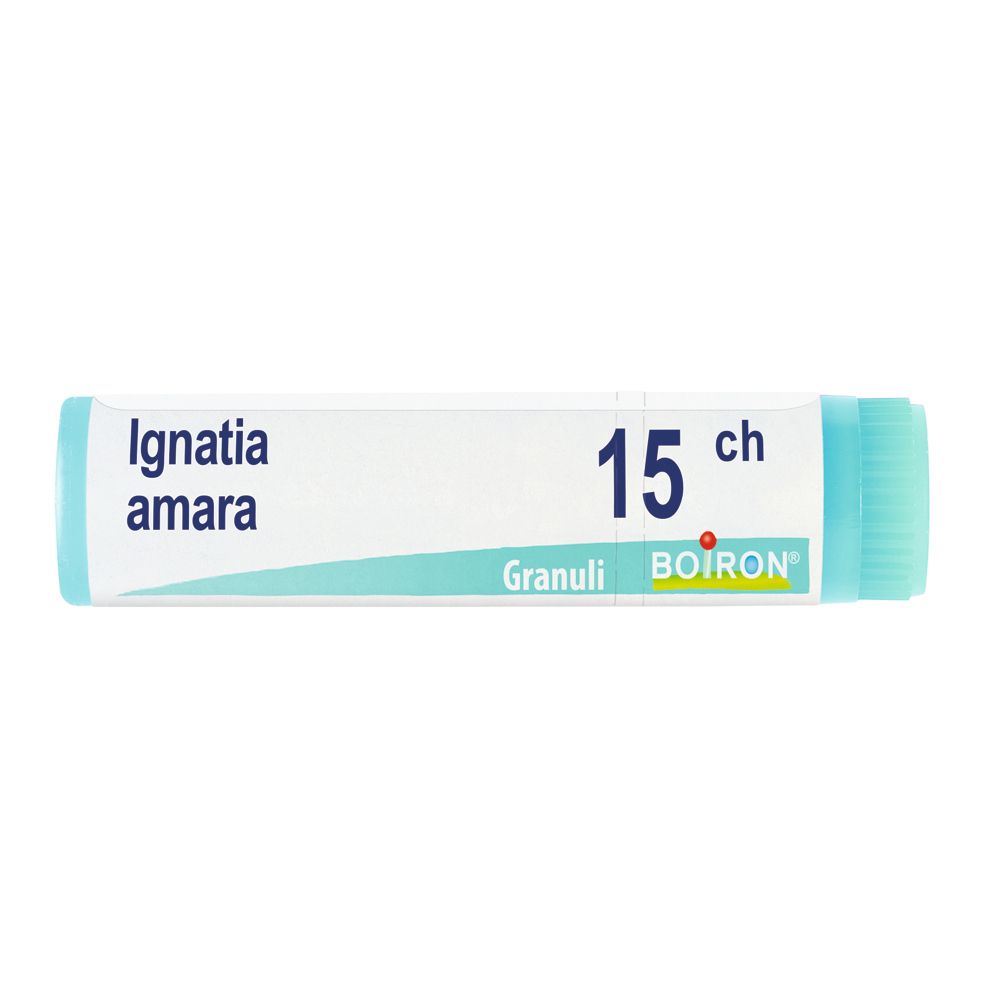 Contenitore monodose cilindrico blu. Scritta: Ignatia amara, 15 ch, Granuli, BOIRON.