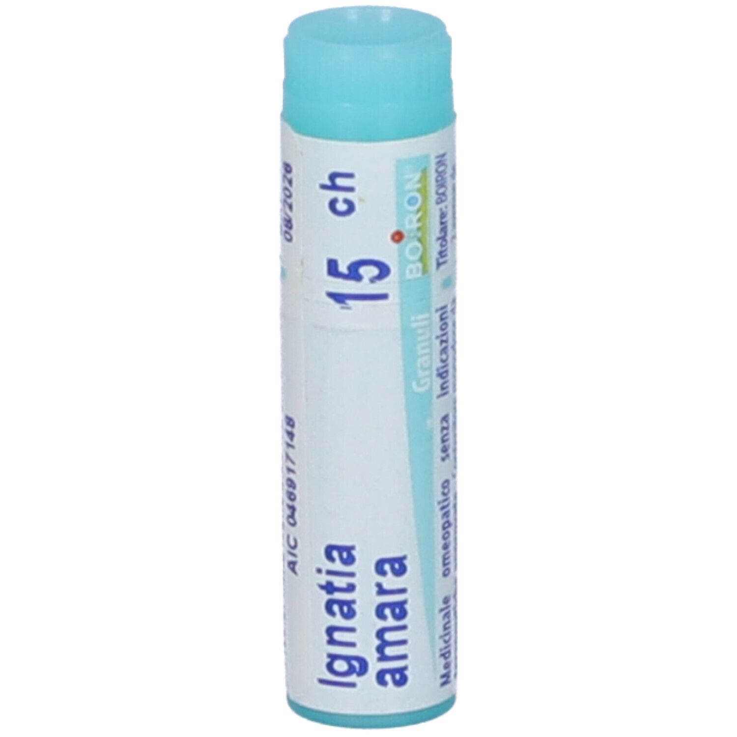 Contenitore monodose blu. Scritta: Ignatia amara, 15 ch, BOIRON, scadenza 08/2028.