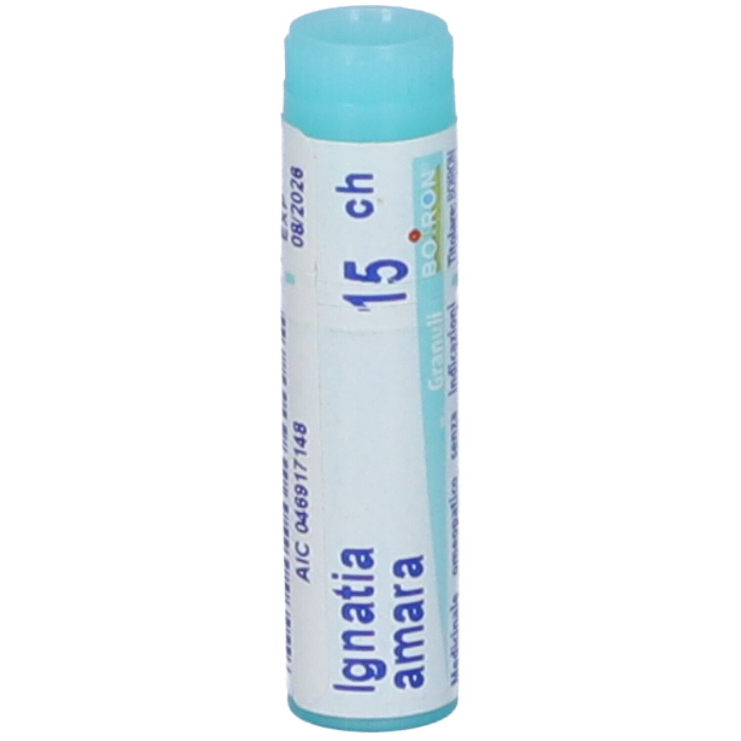 Contenitore monodose blu. Scritta: Ignatia amara, 15 ch, BOIRON, scadenza 08/2028.