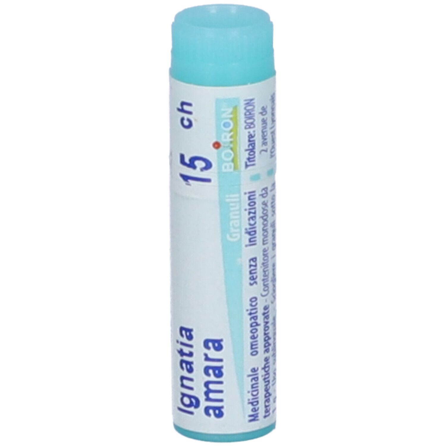 Contenitore monodose blu. Scritta: Ignatia amara, 15 ch, BOIRON, con testo.