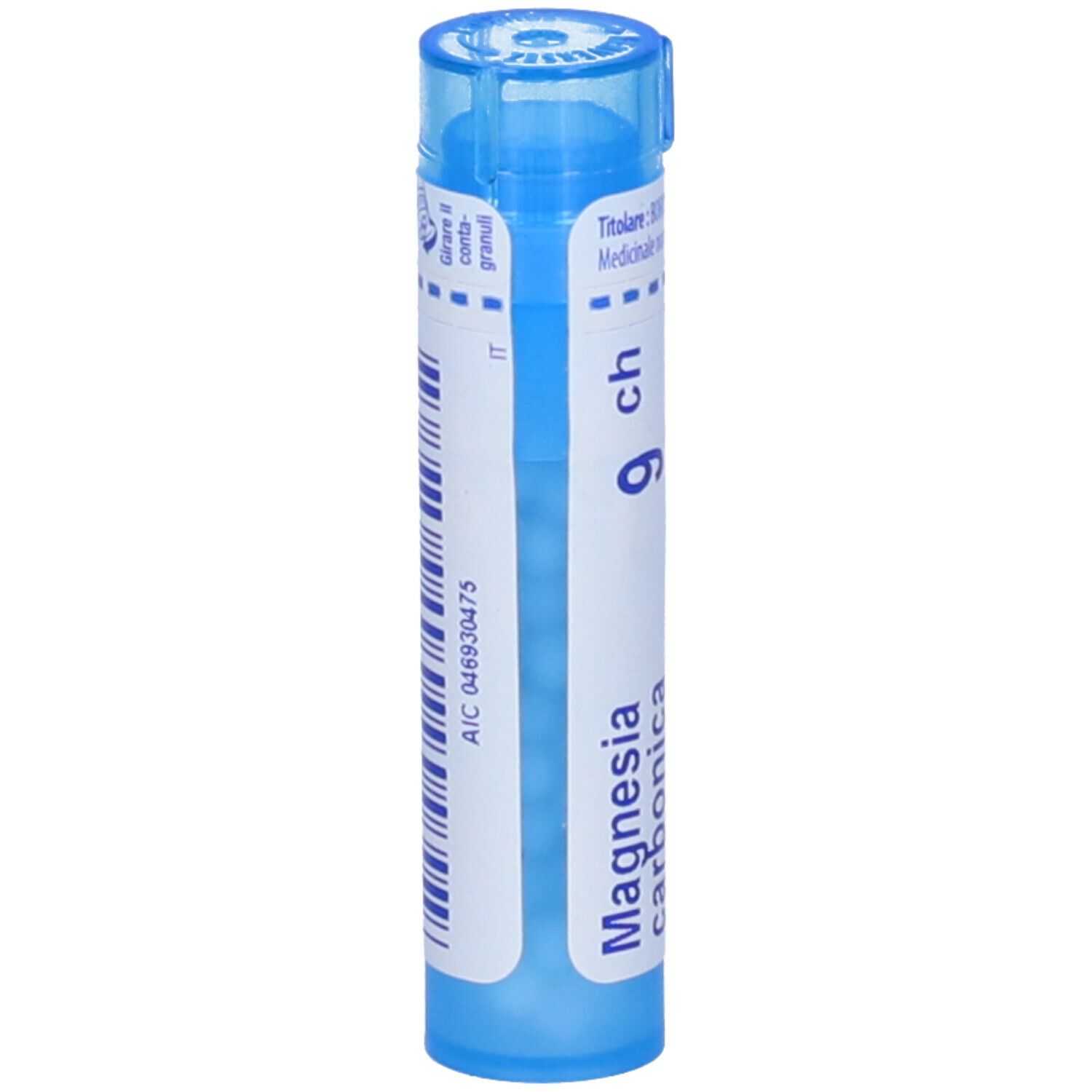 Tubo blu con etichetta bianca. Nome del prodotto e '9 ch' di Boiron. Granuli.