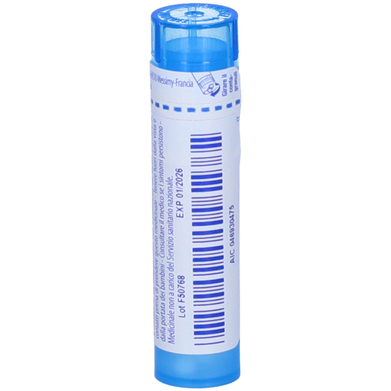 Tubo blu con etichetta bianca. Nome del prodotto e '9 ch' di Boiron. Granuli.